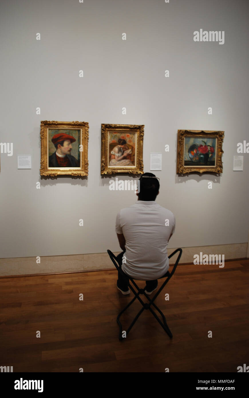 Uomo in fine art museum a guardare a famosi dipinti. Concetto di curiosità, l'istruzione, l'intelligenza, passatempo. Foto Stock