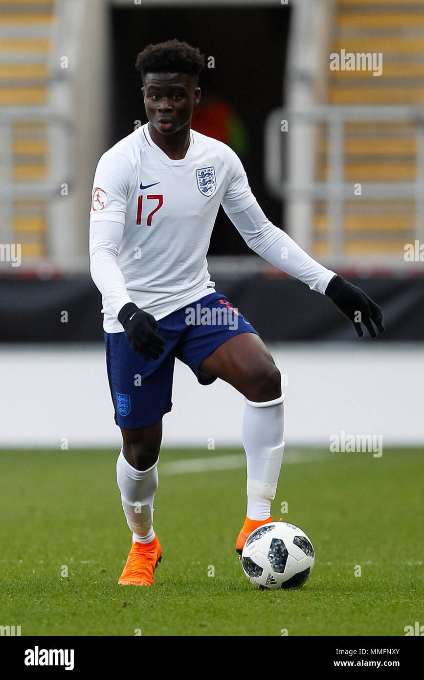 Bukayo Saka di Inghilterra durante il 2018 Campionato Europeo UEFA Under 17 Gruppo una corrispondenza tra la Svizzera e l'Inghilterra a New York Stadium il 10 maggio 2018 a Rotherham, Inghilterra. (Foto di Daniel Chesterton/phcimages.com) Foto Stock