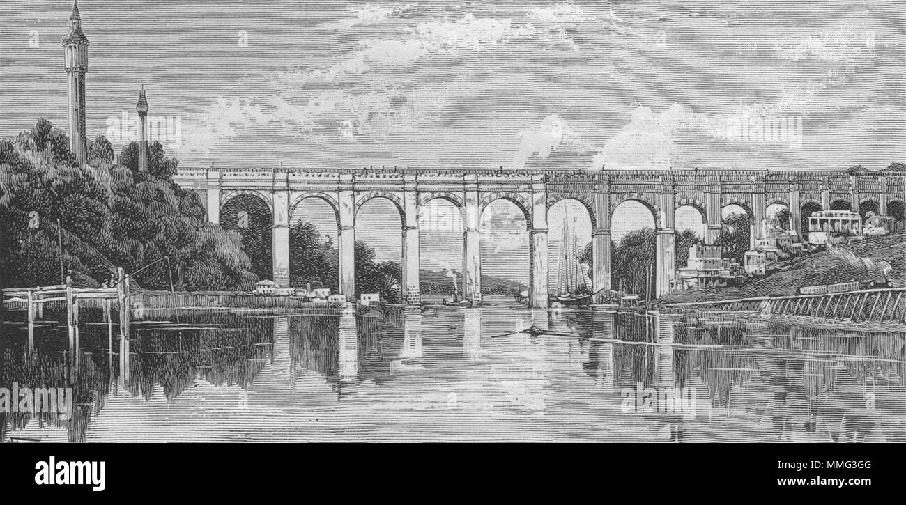 La città di NEW YORK. Ponte alto fiume Harlem, New York 1882 antica stampa Foto Stock