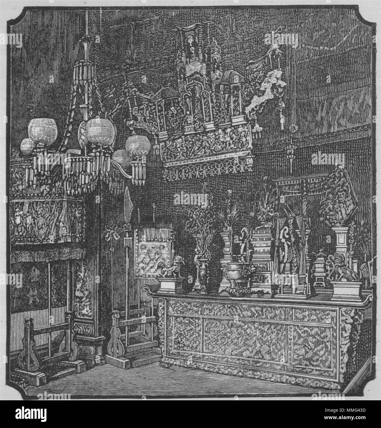 SAN FRANCISCO. Interno di un cinese Joss-house 1882 antica immagine di stampa Foto Stock