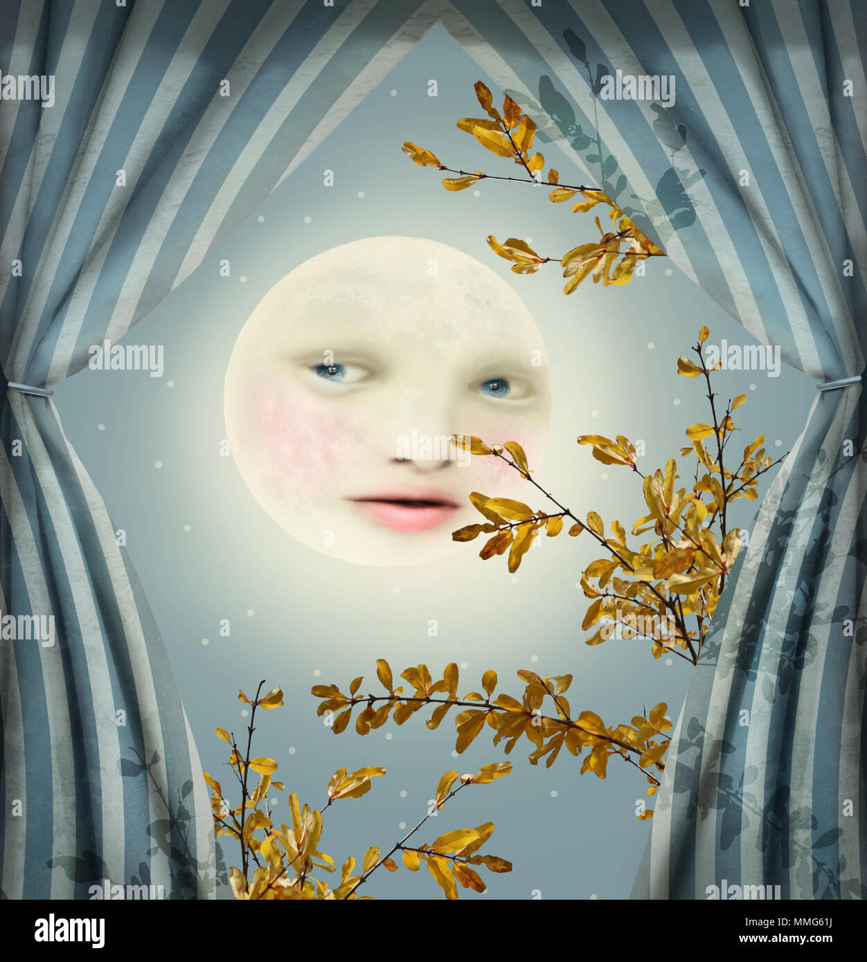 Immagine di fantasia che rappresenta una luna piena con una donna faccia tra due tendine Foto Stock