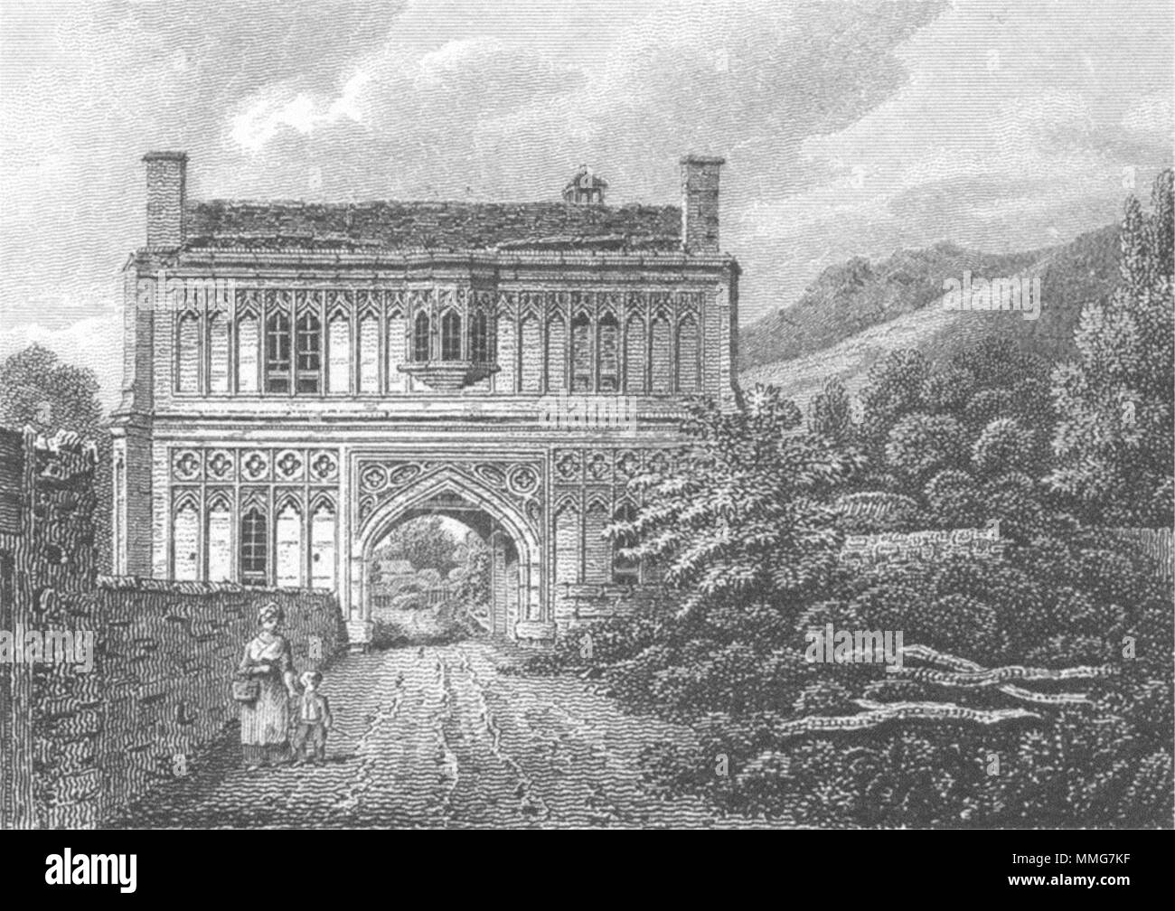 WORCS. Porta della Abbazia di Malvern, Worcestershire 1807 antica immagine di stampa Foto Stock