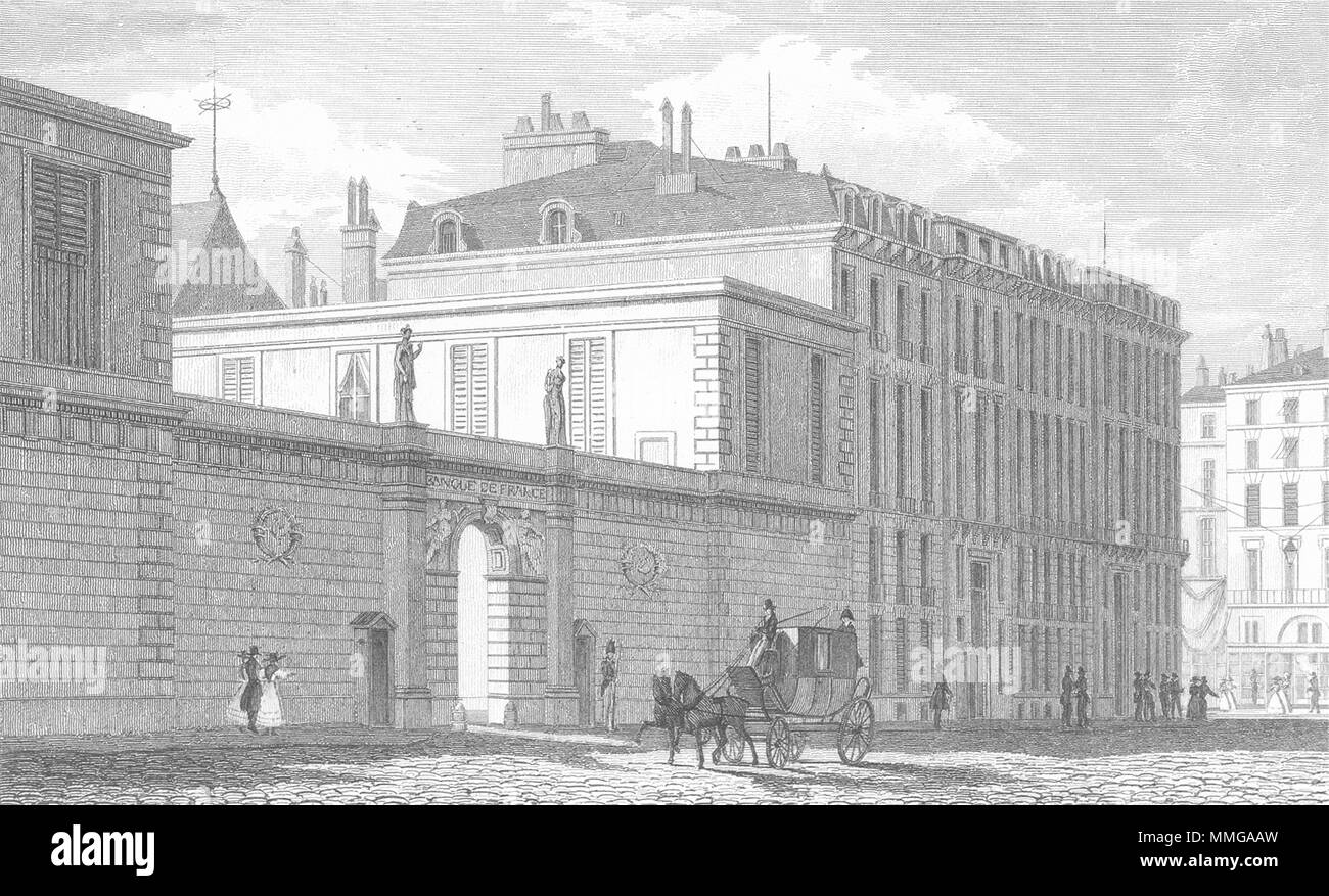 Parigi. La Banque de France. Pugin cavallo & Trasporto 1834 antica immagine di stampa Foto Stock