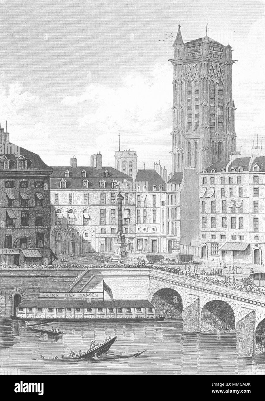 Parigi. Posizionare Chatelet(Quai L'Horloge). Barca affonda 1828 antica stampa Foto Stock