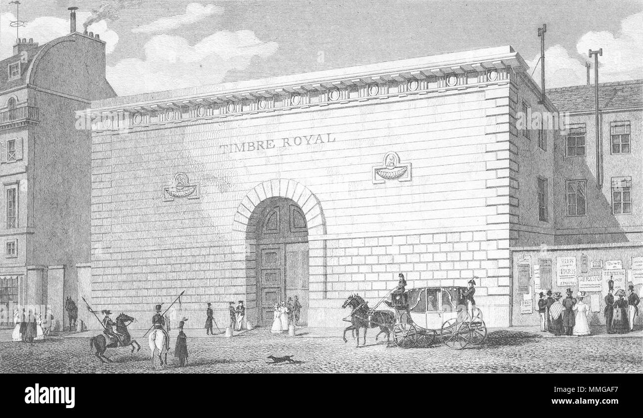 Parigi. Timbro Royal. Cavallo e cane coach 1828 antica immagine di stampa Foto Stock