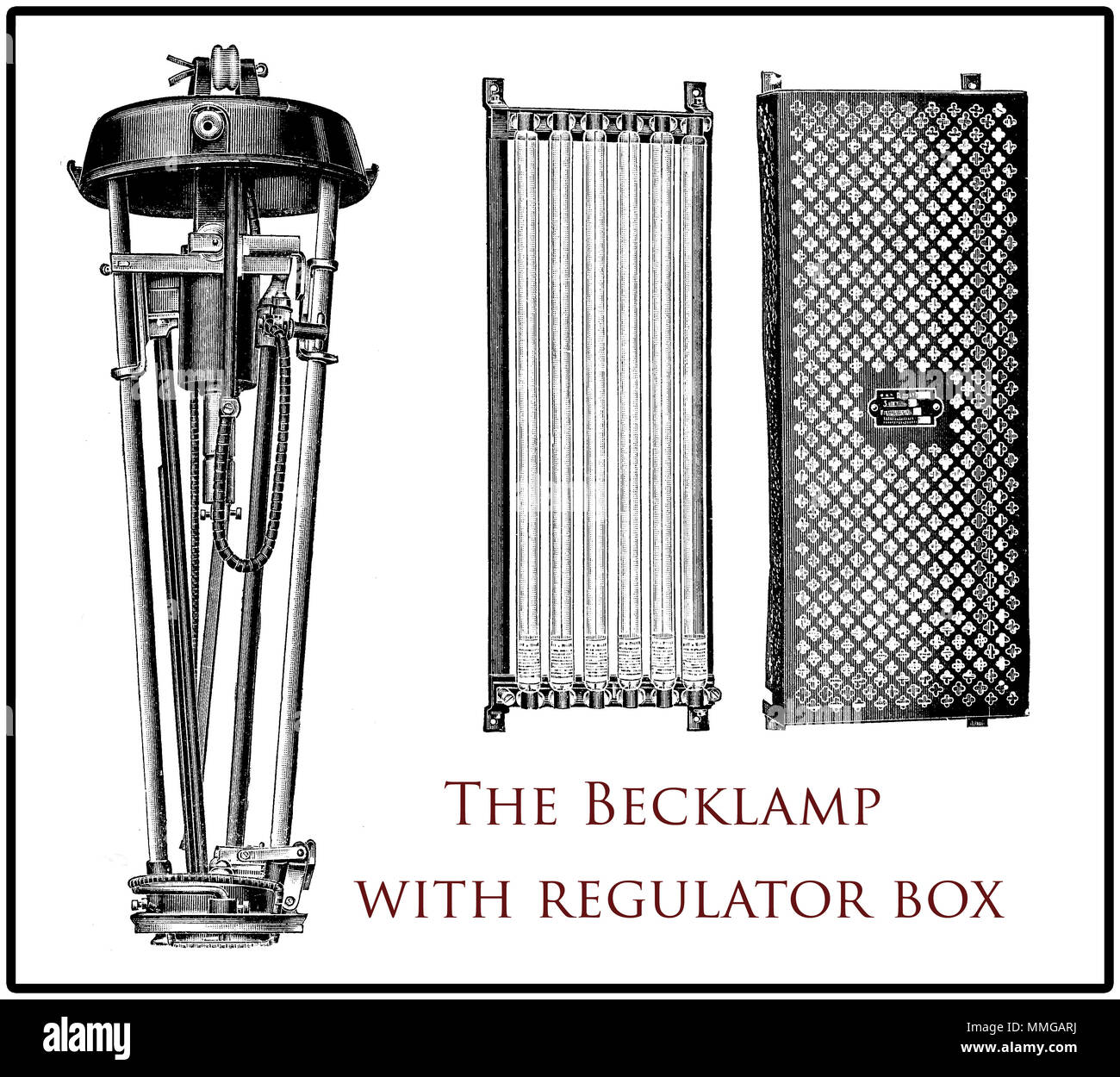 Vintage Becklamp, lampada ad arco con la sua scatola del regolatore, XIX secolo incisione Foto Stock