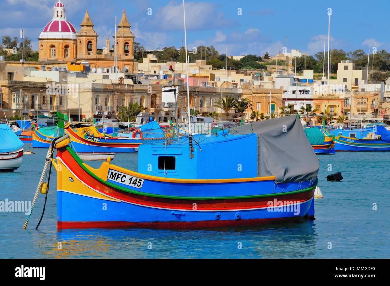 Ormeggiate imbarcazioni da pesca Porto di Marsaxlokk Malta Foto Stock