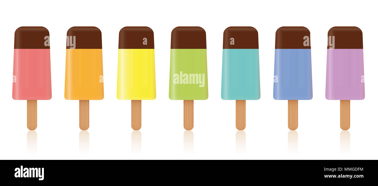 Il ghiaccio lollys, colorati set. Rainbow fruttato colorata collezione di sette popsicles congelati con glassa di cioccolato topping. Foto Stock
