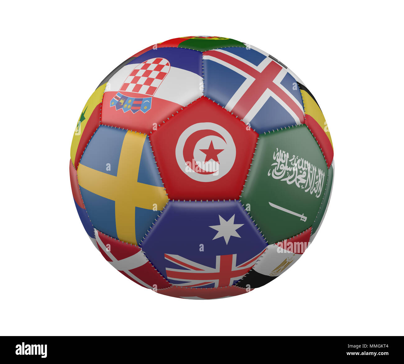 Pallone da calcio con bandiere isolati su sfondo bianco, Tunisia nel centro, rendering 3D Foto Stock