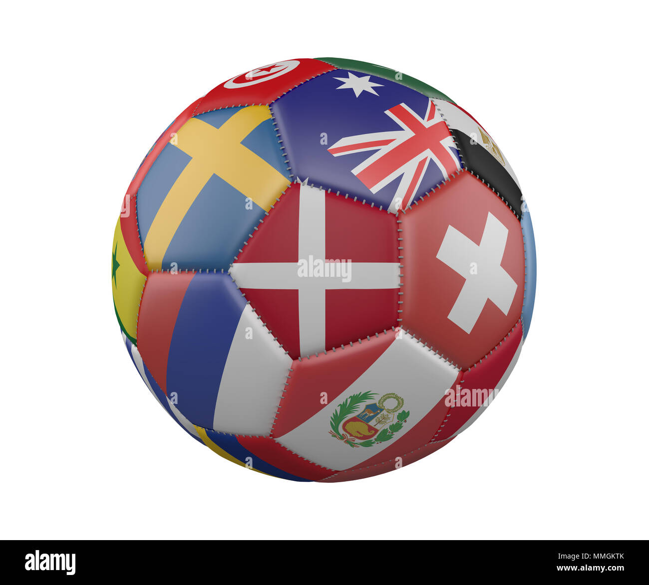 Pallone da calcio con bandiere isolati su sfondo bianco, Danimarca nel centro, rendering 3D Foto Stock