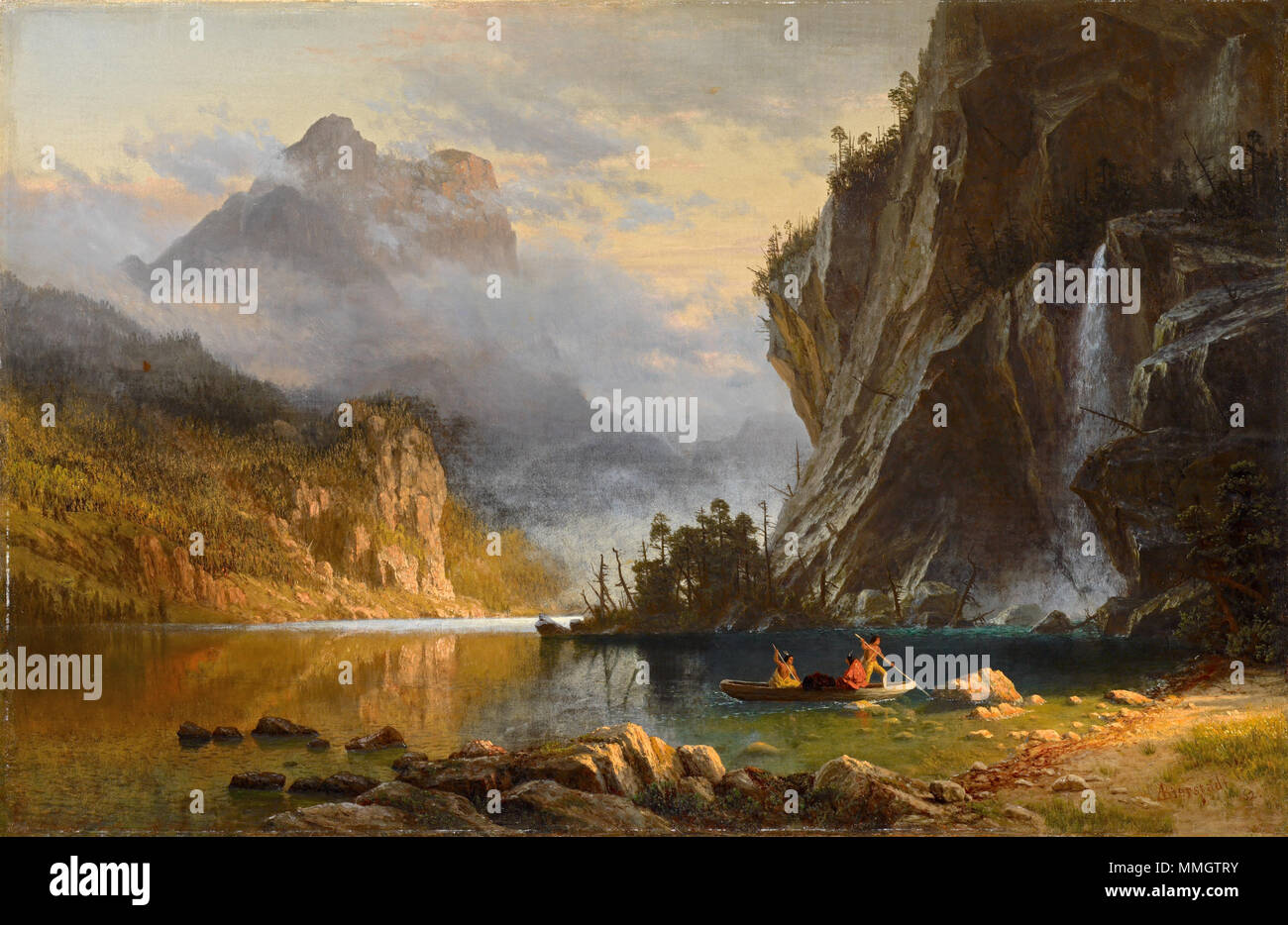 Inglese: Indiani lancia la pesca . 1862. Albert Bierstadt - indiani pesca subacquea Foto Stock