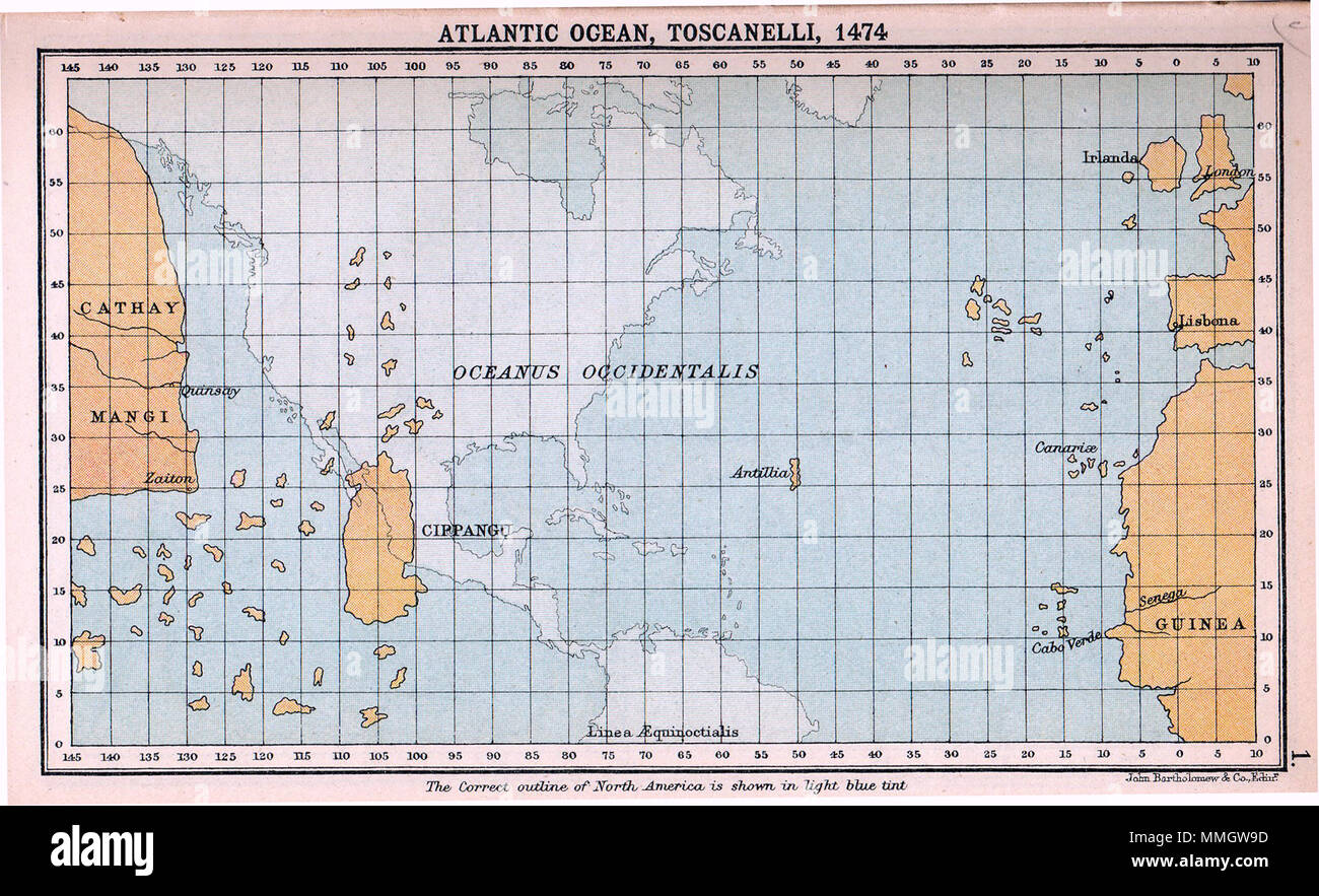 . Inglese: mappa dell'Oceano Atlantico secondo Paolo dal Pozzo Toscanelli (1474) Čeština: Mapa Atlantického oceánu podle Paola dal Pozza Toscanelliho . 1884. Bartolomeo, J. G. 61 Oceano Atlantico, Toscanelli, 1474 Foto Stock