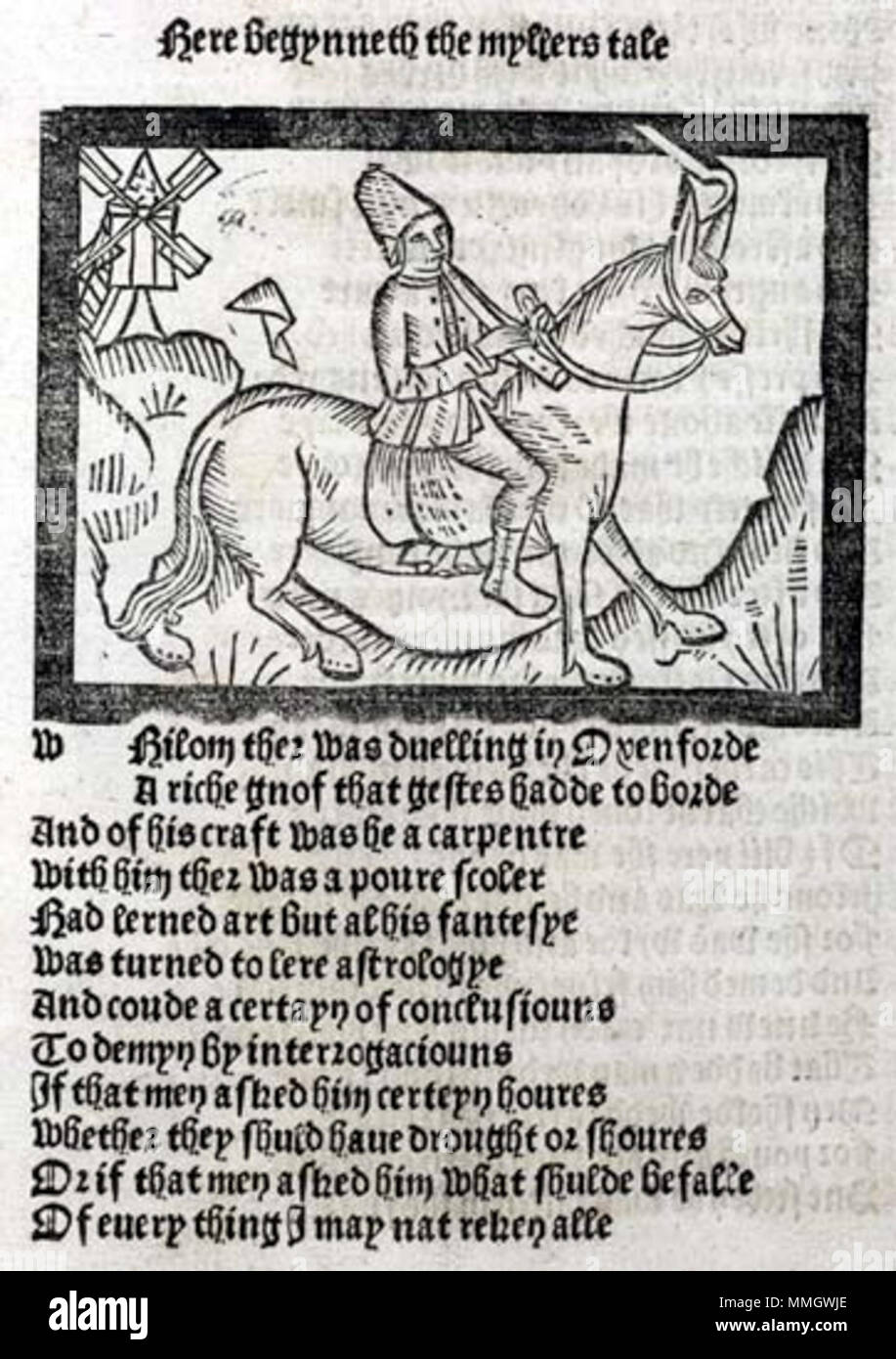 . Inglese: La Miller, uno dei pellegrini in Chaucer di Canterbury Tales Français : Le Meunier, Onu des pèlerins des Contes de Canterbury de Chaucer Māori: Ko Te Kaimira. Ko tētahi tāngata haere ho roto mi tō Chaucer Ngā Pūrākau Katapere ia. . Publié en 1492. Unknown Chaucer-canterburytales-MILLER Foto Stock