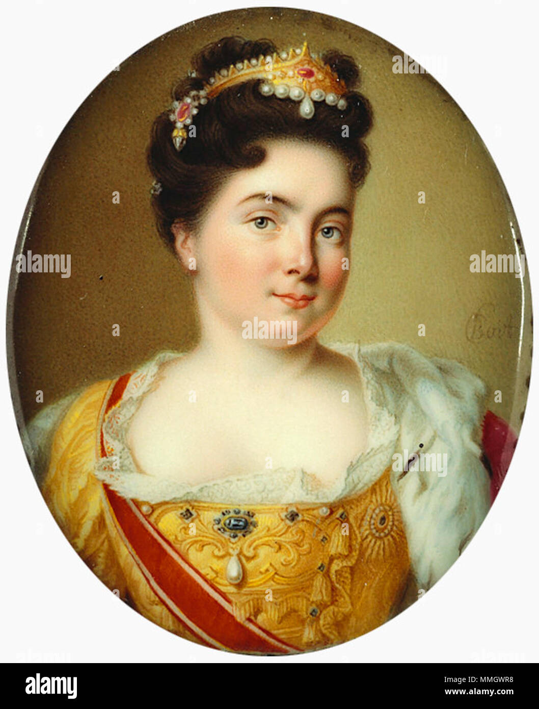 . Caterina, imperatrice di Russia è mostrato in questo smalto firmato da Charles Boit, leader europeo di enamellist del primo trimestre del XVIII secolo. Lo smalto è basato su un ritratto dipinto da Jean-Marc Nattier nel 1717 (l'Eremo di San Pietroburgo) e devono essere stati copiati su ordine di Pietro il Grande durante la sua visita a Parigi nel corso di quest'anno. Boit godeva di una reputazione di successo avendo lavorato come Corte Enamellist in Inghilterra dal 1696 fino al 1714 ed allora ha trovato favore presso la corte francese con patroni come Philippe, duca d'Orléans (1674-1723). L'Imperatrice è mostrato indossando un e Foto Stock