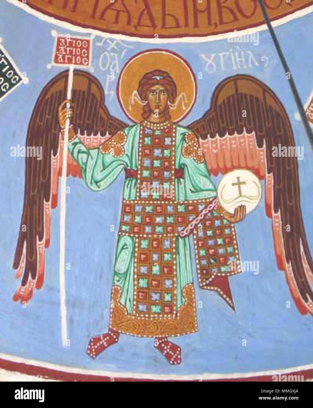 . Inglese: affresco di Arcangelo Uriel presso la chiesa dell'Assunzione in Lez'je-Sologubovka, area di San Pietroburgo, Russia. Македонски: Архангел Урил на фреска. . 17 novembre 2003, 13:41:07. Affresco anonimo di Arcangelo Uriel Foto Stock