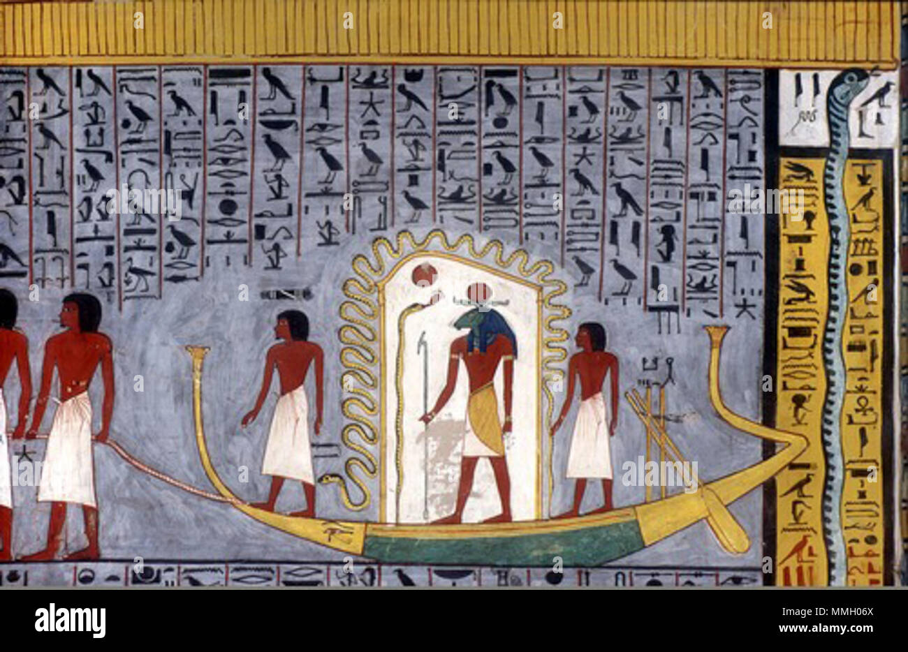 . Inglese: Ra che viaggiano attraverso la malavita nella sua barca, dalla copia del libro di cancelli nella tomba di Ramses io (KV16). . Circa 1290BC. 91 sconosciuto Libro di cancelli barca di Ra Foto Stock
