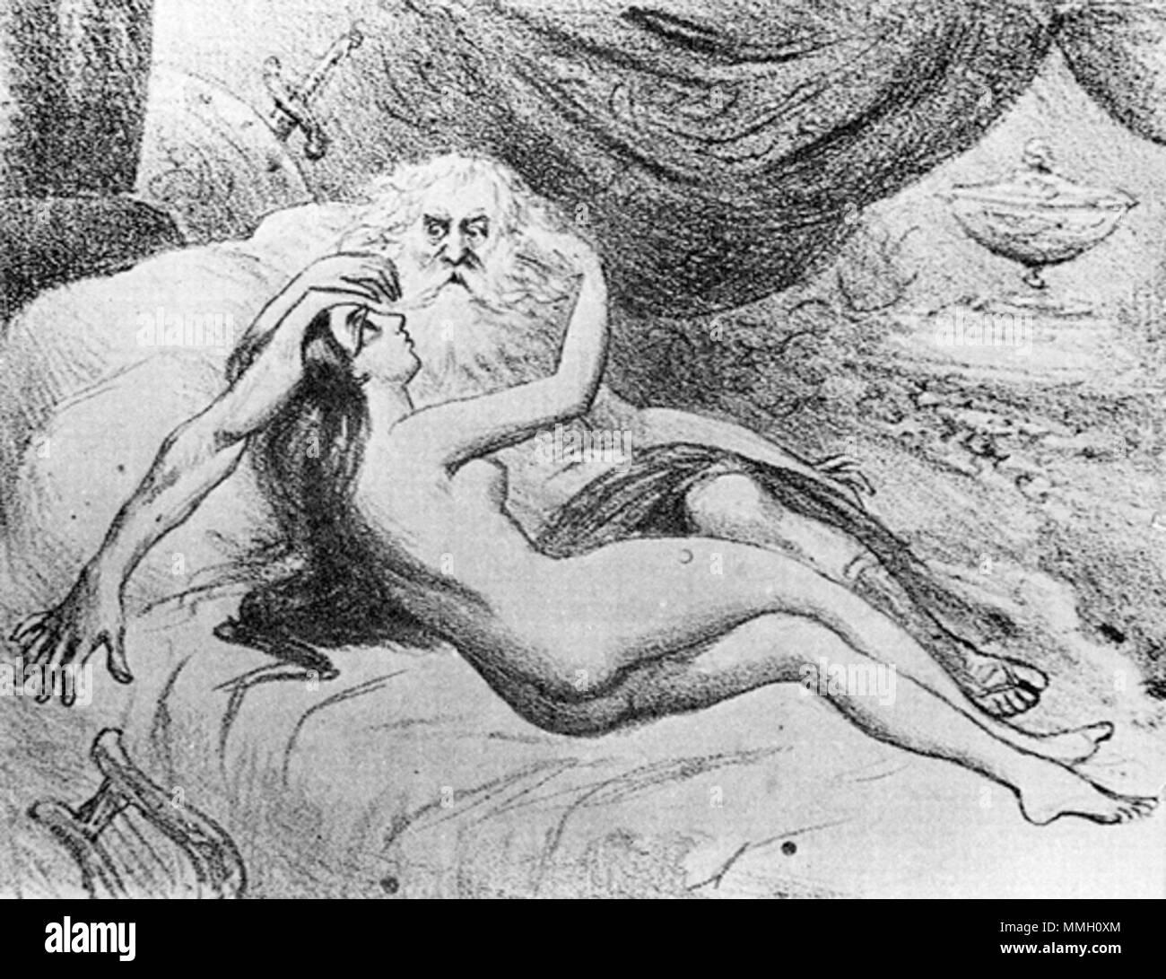 Português: David e Abizag. Inglese: Quasi-Illustrazione umoristica degli anziani Re Davide (con la sua arpa caduto al lato) e Abishag, la fanciulla assegnato a 'lui mantenere caldo' durante la sua vecchiaia... 1884. Angelo Agostini, 1884, David e Abizag Foto Stock