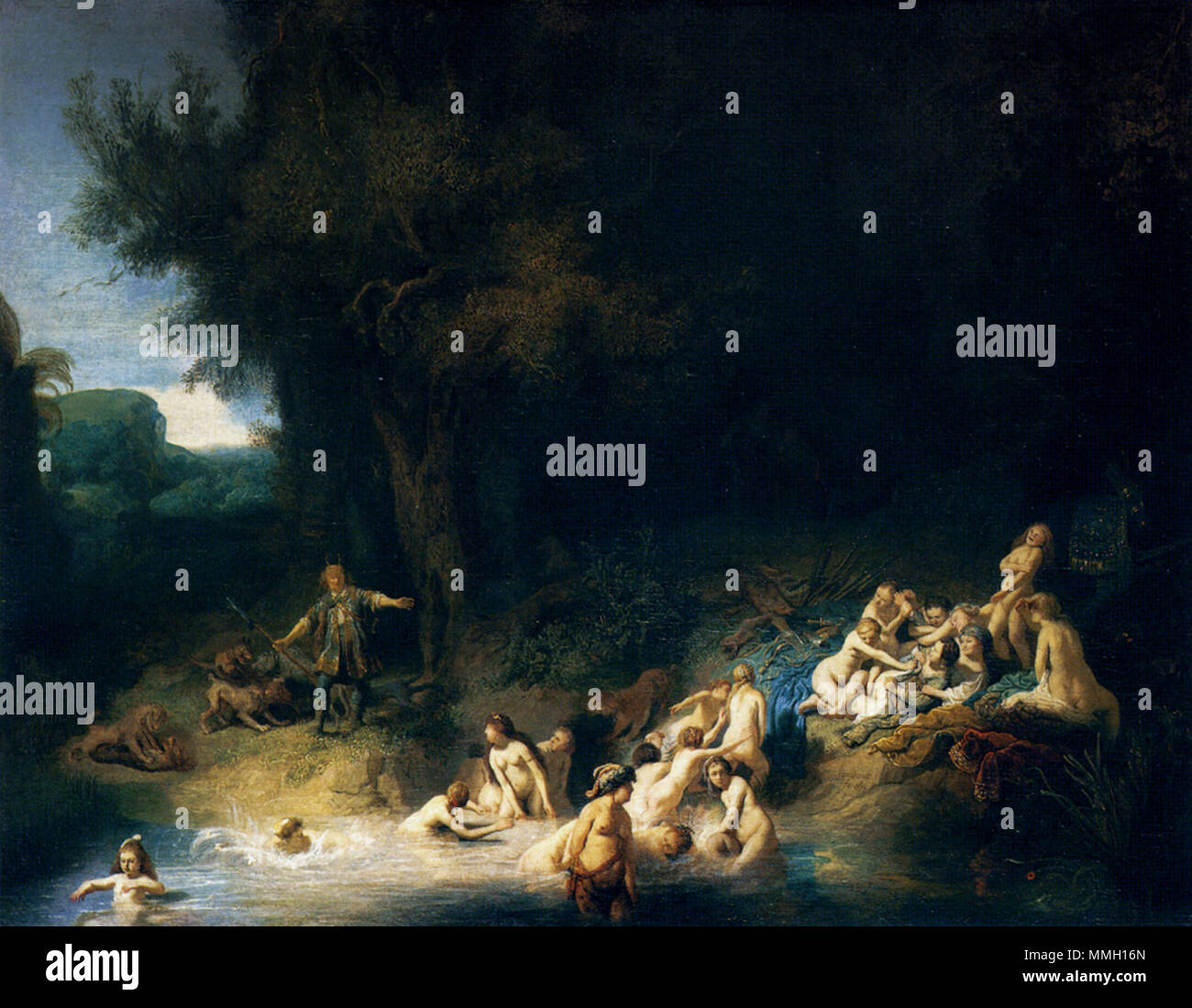 Diana di balneazione con le sue ninfe con storie di Atteone e Callisto.. circa 1635. Diana balneazione (Rembrandt) Foto Stock