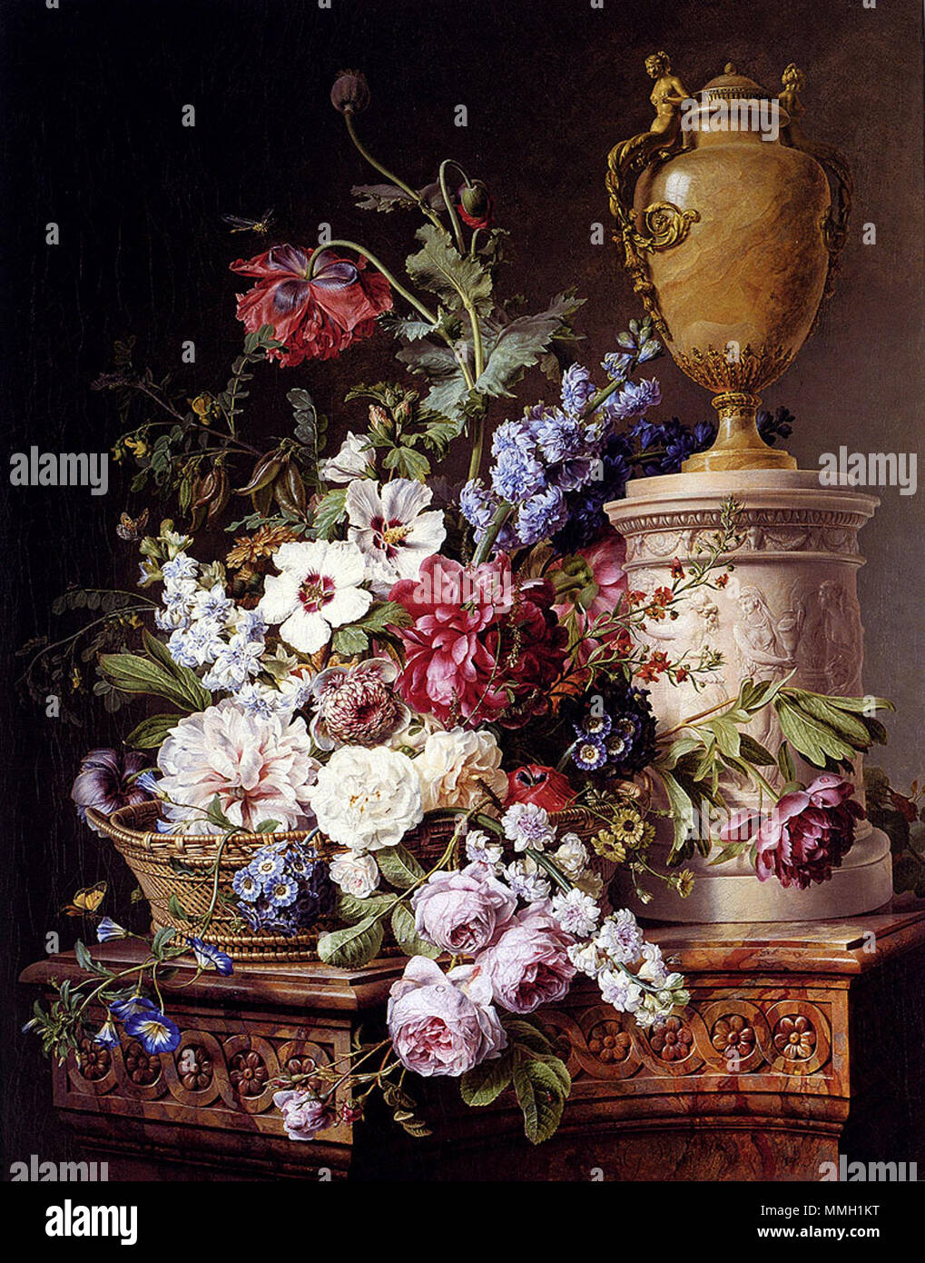 . Natura morta di fiori in un cestello con due farfalle, una libellula, una mosca e un coleottero da un urna di alabastro su un piedistallo di marmo ancora in vita di fiori in un cesto su un piedistallo di marmo. 1787. Gerard Van Spaendonck - Still Life Foto Stock