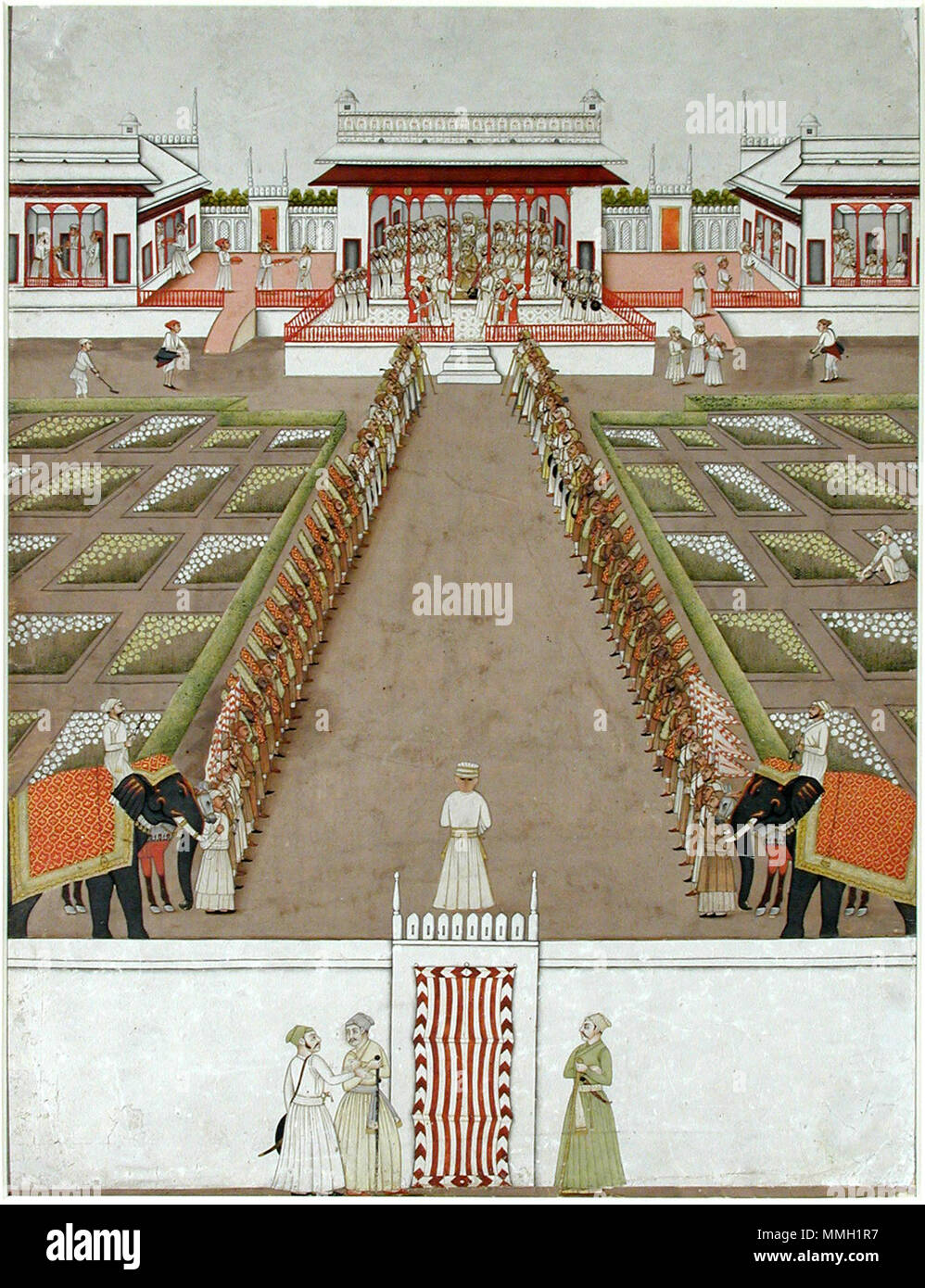 . Inglese: Visualizza artista: Artista sconosciuto Data di creazione: ca. 1765 Dimensioni display: 15 11/32 in. x 11 5/8 in. (39 cm x 29.5 cm) Linea di credito: Edwin Binney terza raccolta numero di adesione: 1990.426 Collection: il San Diego Museum of Art . 27 luglio 2001, 11:24:19. Inglese: thesandiegomuseumofartcollection un Nawab azienda Corte entro un pavillion, al di là di un viale di ritegni e due (6125082350) Foto Stock