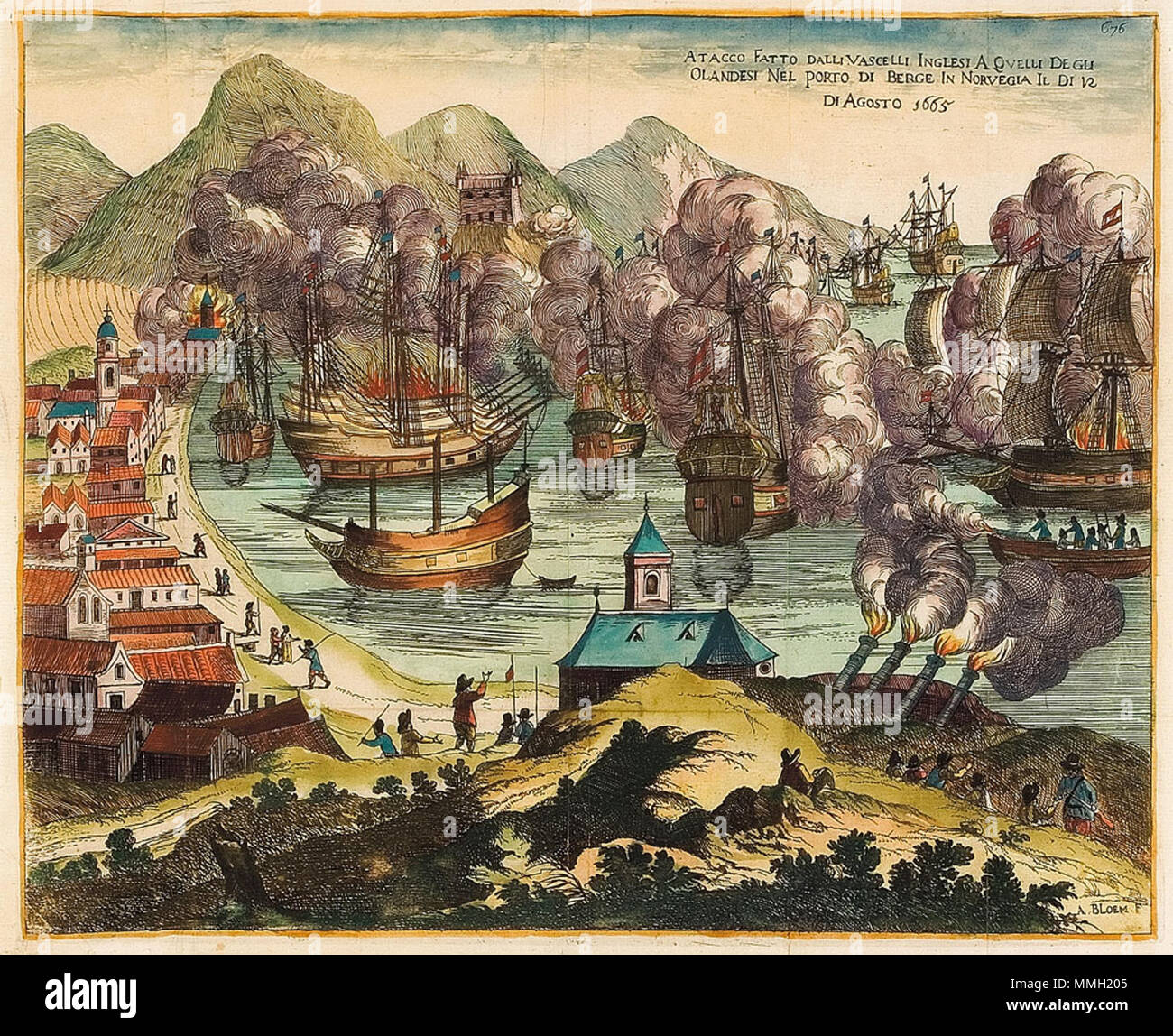 . Inglese: l'attacco al porto norvegese di Bergen Martedì 12 Agosto, 1665. . 1670. Arnold Bloem BloemVaagen1665 Foto Stock