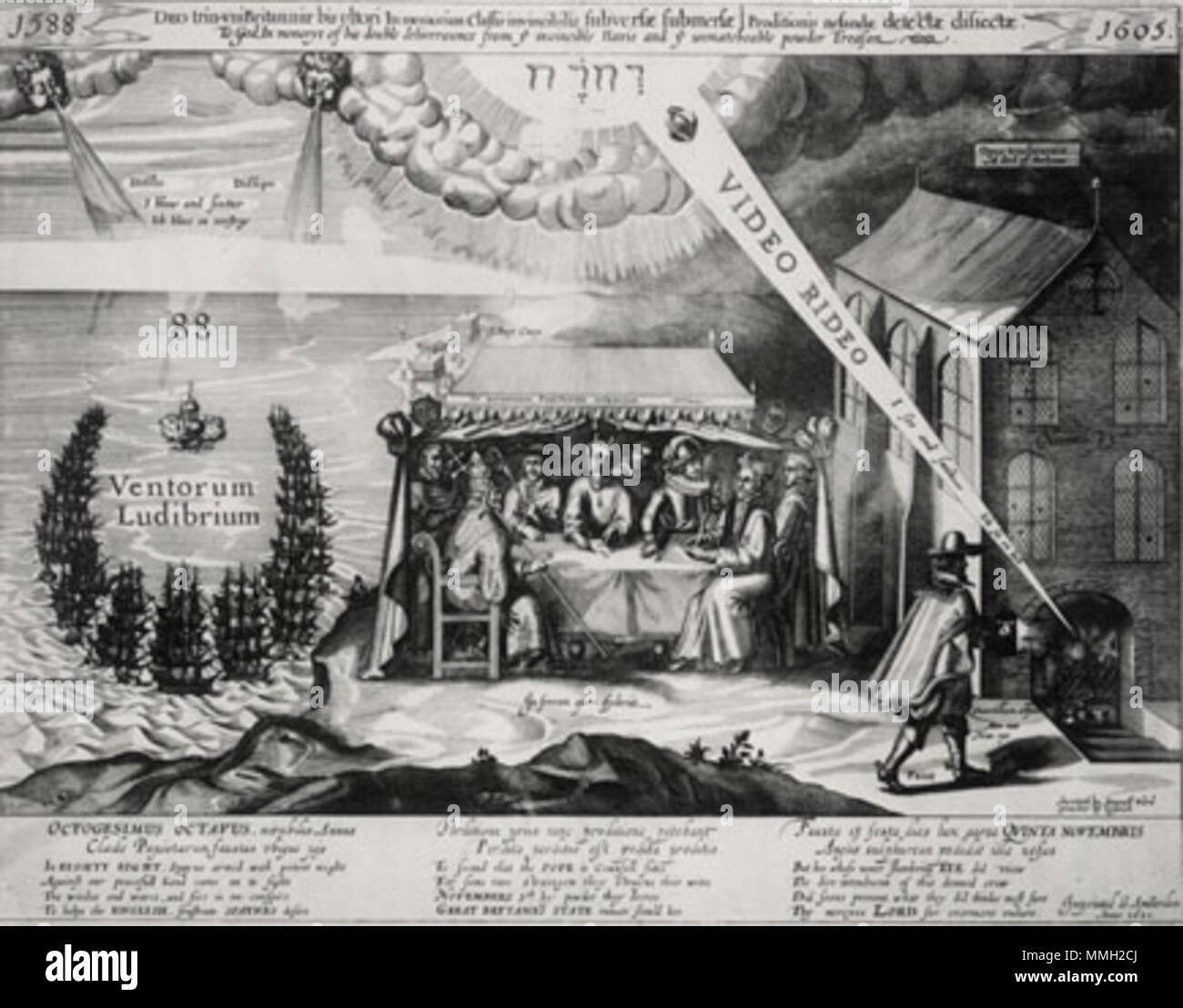 . Inglese: incisione Anti-Catholic combinando la Armada spagnola e la polvere da sparo trama, come il doppio della liberazione. . 1621. Progettista della stampa è stato Samuel Ward (1577-1653) doppia liberazione Foto Stock