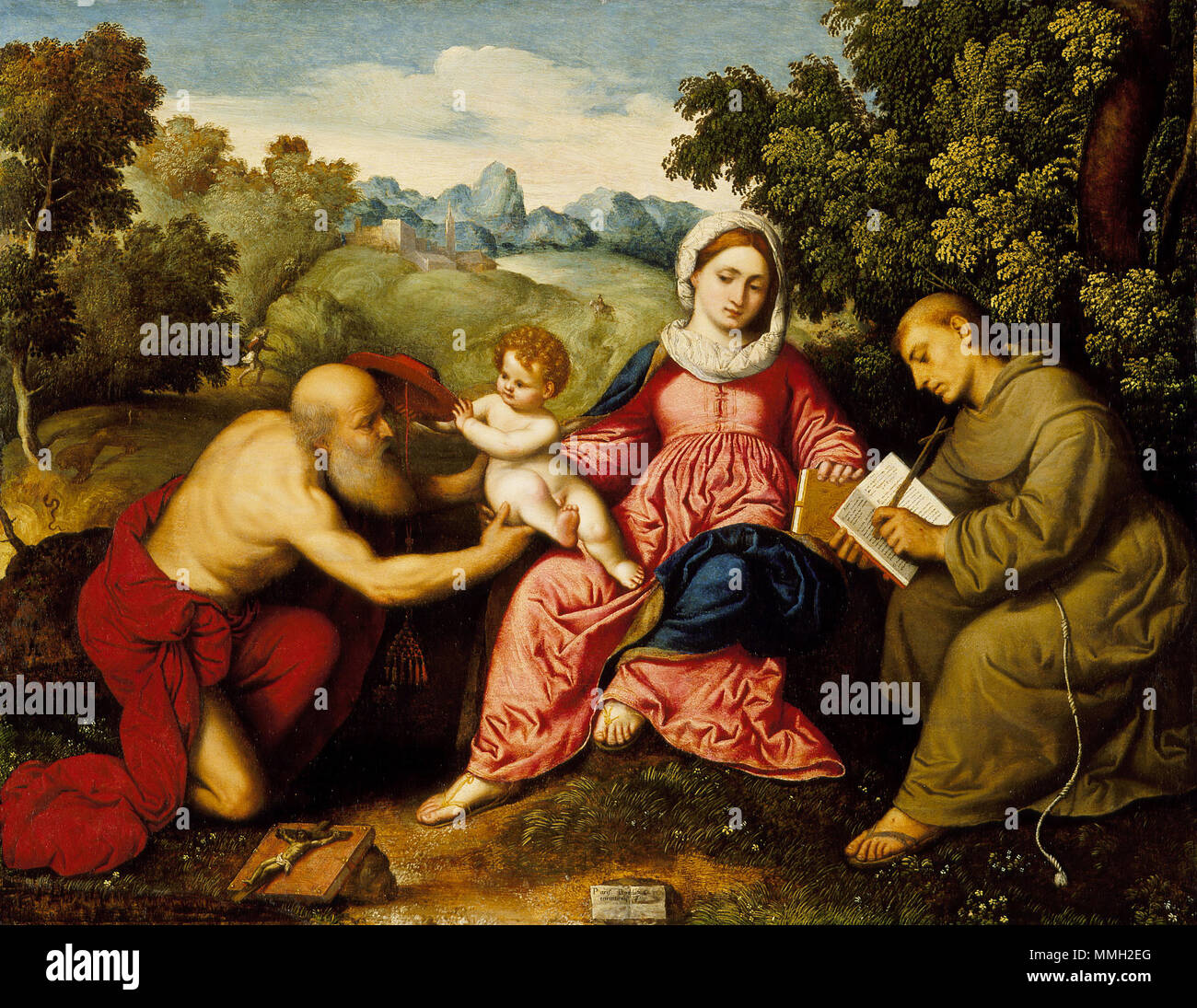 Italiano: Madonna col Bambino ei santi Girolamo e Francesco Madonna con il Bambino e i Santi Girolamo e Francesco. circa 1525. Paris Bordone - Madonna con Bambino, San Girolamo e san Francesco (LACMA) Foto Stock