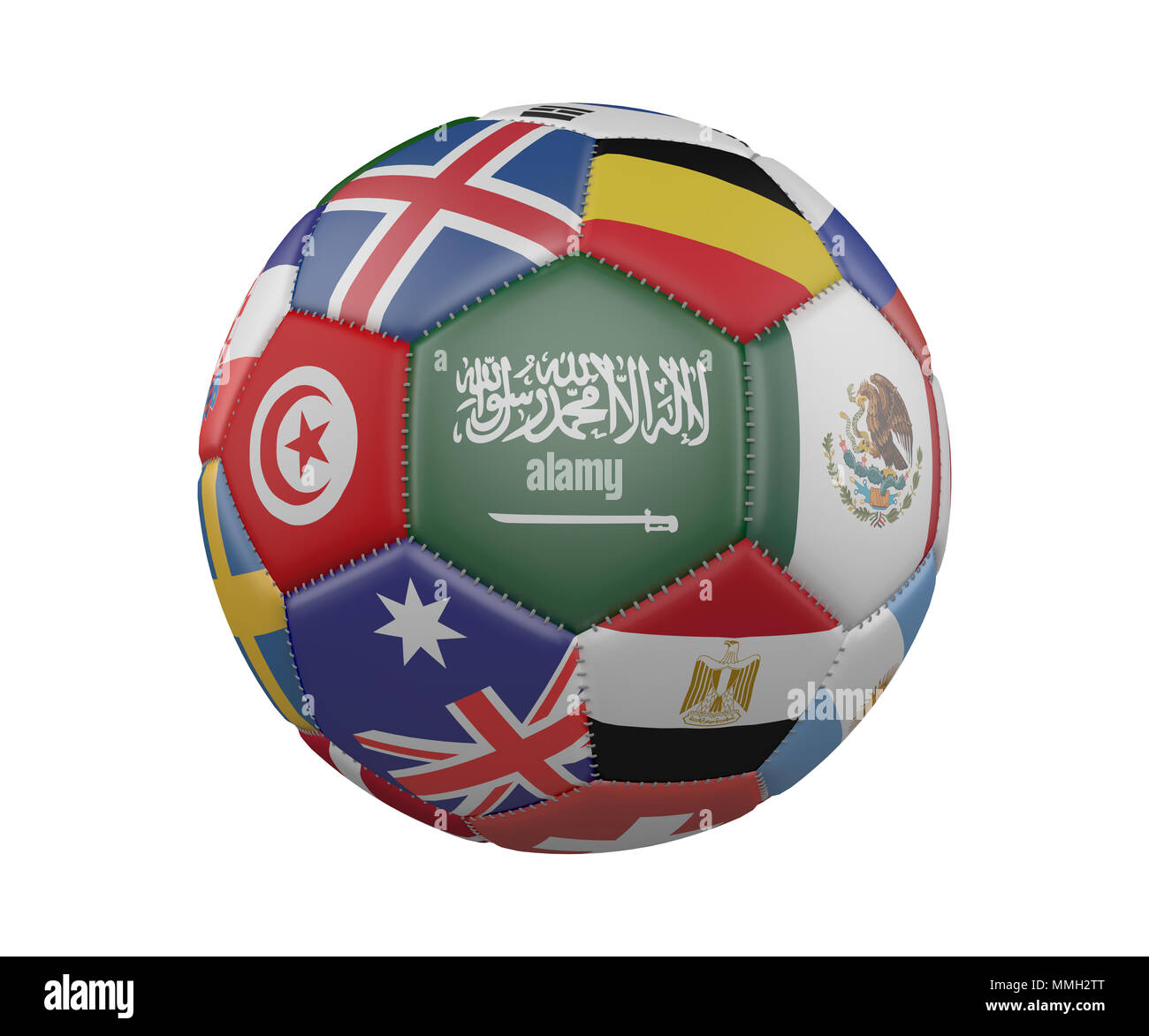 Pallone da calcio con bandiere isolati su sfondo bianco, Arabia Saudita nel centro, rendering 3D Foto Stock