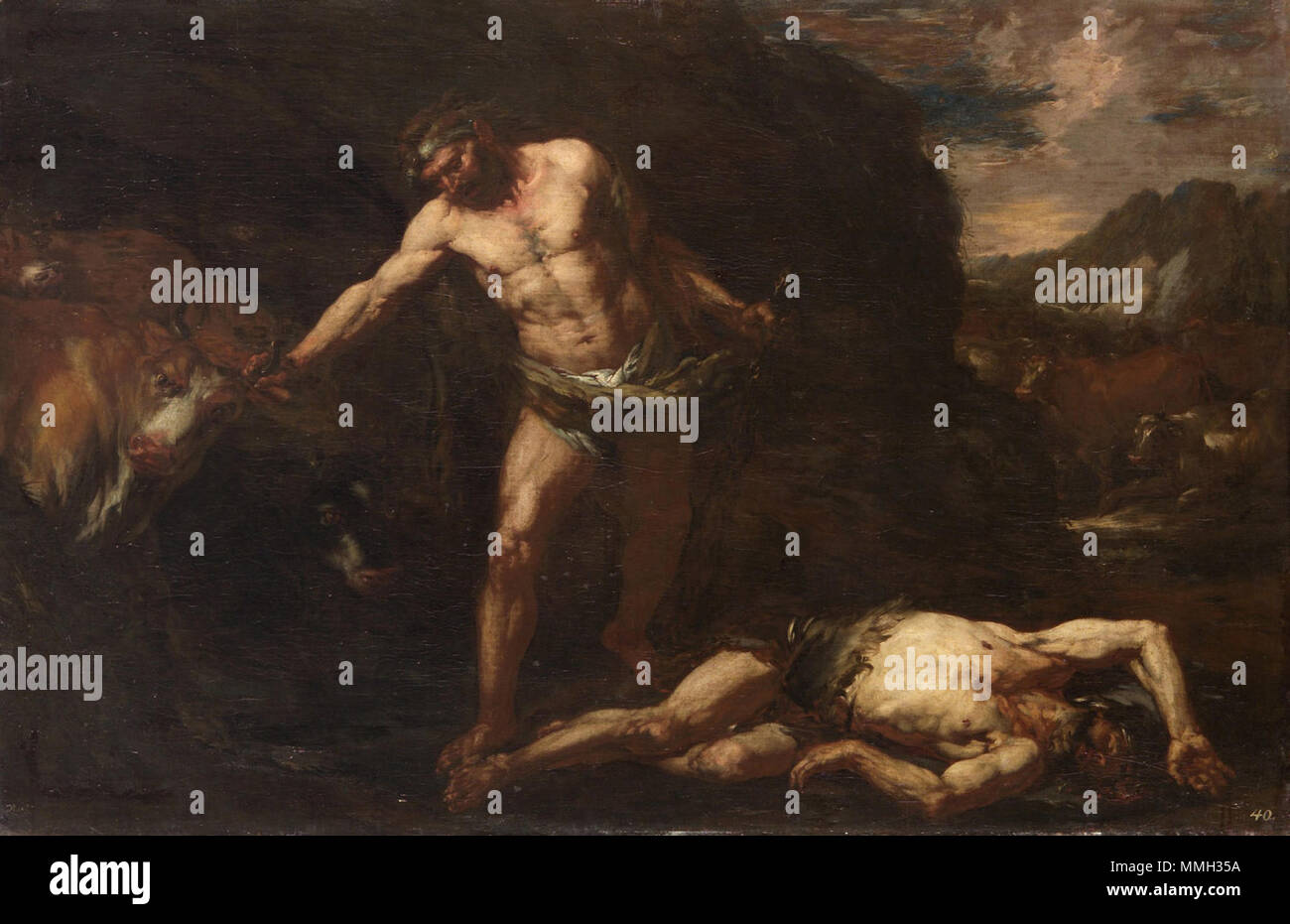 Italiano: Ercole uccide Caco e si reimpossessa dei due buoi di Gerione. Tra il 1660 e il 1675. Ercole uccide Caco - Langetti Foto Stock