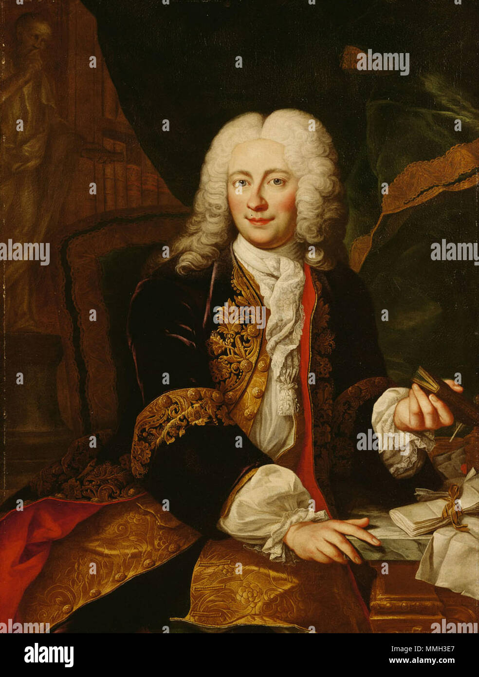 Deutsch: Johann Christoph Freiherr von Bartenstein (1689-1767) un einem Tisch sitzend, Kniestück . Deutsch: 30er Jahre 18. Jahrhundert . Martin van Meytens 008 Foto Stock