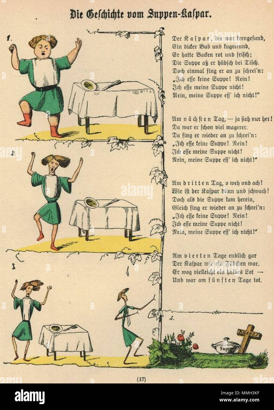 . Der Struwwelpeter: Die Geschichte vom Suppen-Kaspar Deutsch: Der Suppenkaspar . creato 1858. Heinrich Hoffmann (1809-1894) nomi alternativi Polycarpus Gastfenger; Heulalius von Heulenburg; Pietro Struwwel; Reimerich Kinderlieb Descrizione autore tedesco autore di Struwwelpeter Data di nascita e morte 13 Giugno 1809 20 Settembre 1894 Luogo di nascita e morte Francoforte Monaco di Baviera sede di lavoro Germania competente controllo : Q215724 VIAF:?ISNI 76317116:?0000 0000 8155 9420 LCCN:?n79150242 NLA:?MusicBrainz 35402368:?7e65f2d5-a3AD-41B1-8643-81659d4774fb WorldCat H Hoffmann Struwwel 18 Foto Stock