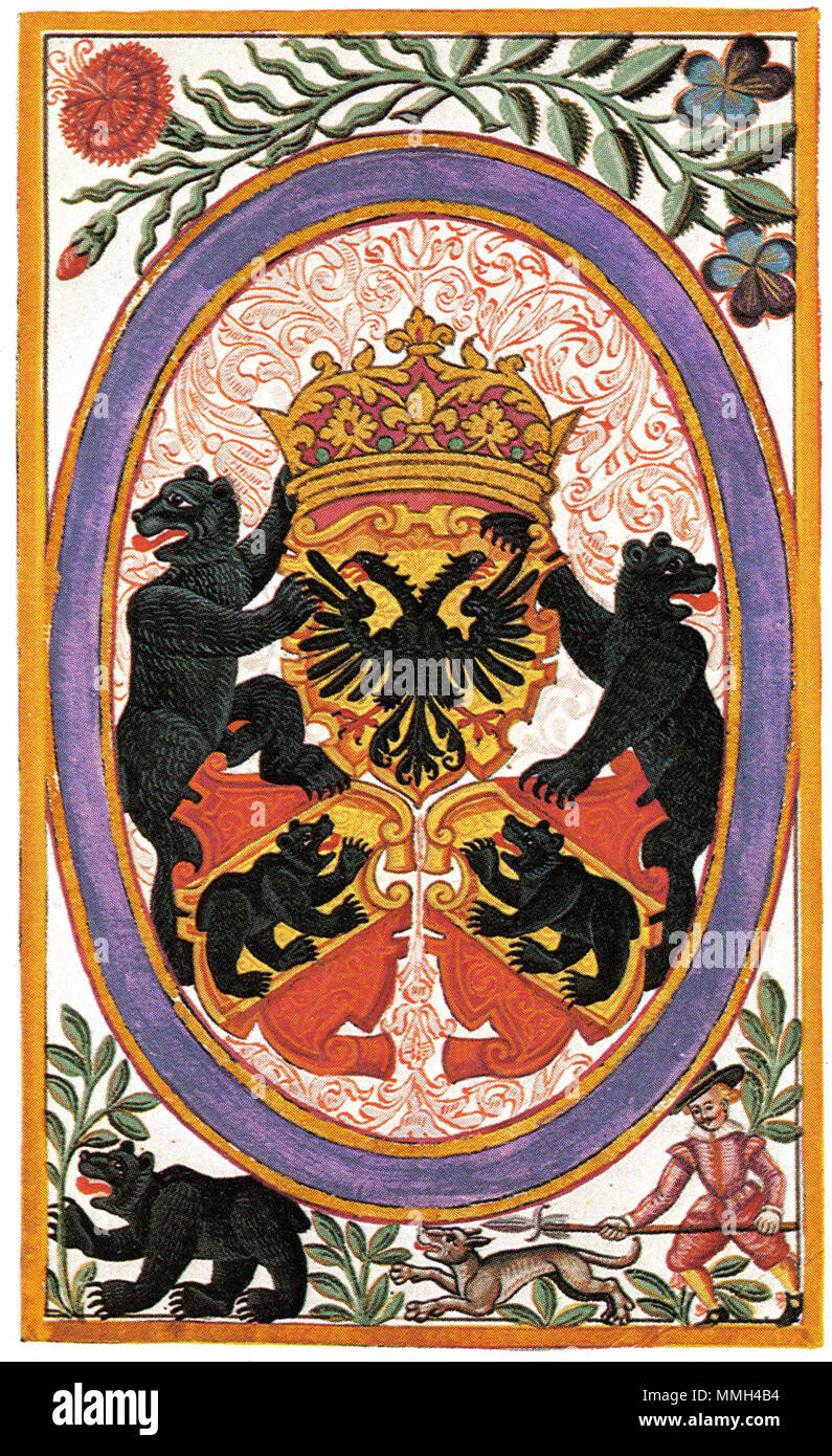 . Stemma della Città di Berna, dal Berner Chronik di Michael Stettler, 1620. In questo momento, Berna ancora considerata di per sé parte del Sacro Romano Impero, aggiungendo così l'aquila imperiale al suo stemma. La combinazione è stata denominata Bern-Rych. . 1620. Michael Stettler Berna città imperiale stemma, 1620 Foto Stock