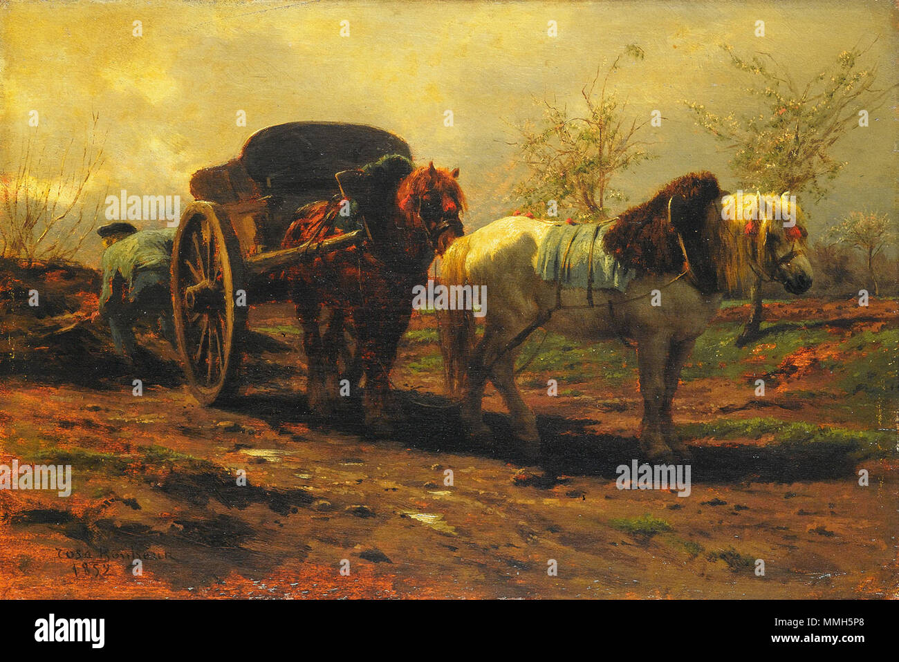 Un auto con due cavalli. 1852. Rosa Bonheur - Twee paarden voor een kar, 1852 (Amsterdam Museo) Foto Stock
