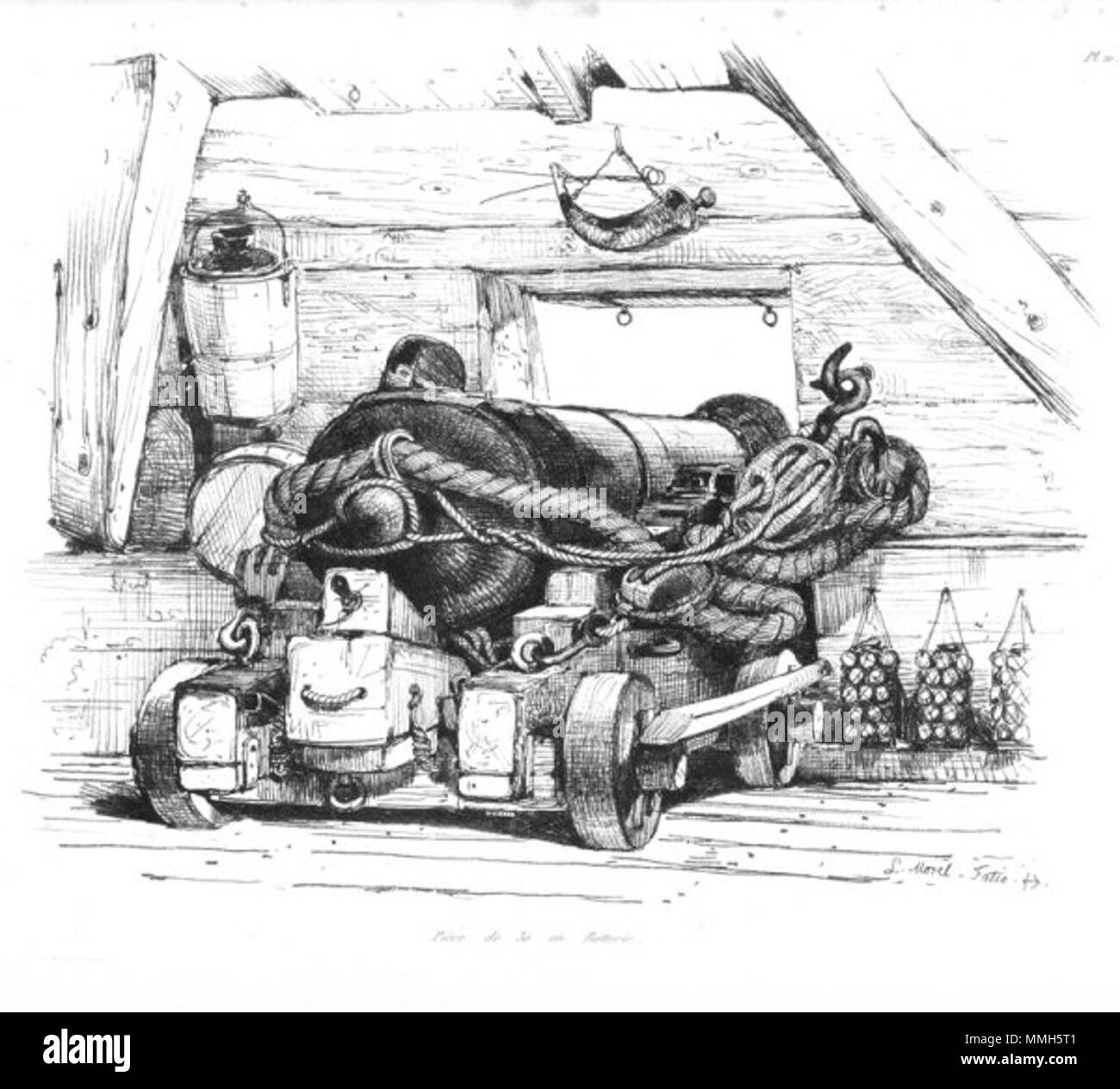 . Inglese: 36-pounder cannon presso il pronto Français : Pièce de 36 en batterie . Non specificato. Antoine Léon Morel-Fatio (1810-1871) nomi alternativi Antoine Morel-Fatio Descrizione francese pittore marino Data di nascita e morte 17 Gennaio 1810 2 marzo 1871 Luogo di nascita e morte Rouen Parigi periodo di lavoro 1827-1871 sede di lavoro Italia, Medio Oriente, Francia competente controllo : Q3271211 VIAF:?ISNI 61938920:?0000 0001 2013 0185 ULAN:?500000735 LCCN:?n99038575 GND:?1011911418 WorldCat Antoine Morel-Fatio pl10 Foto Stock