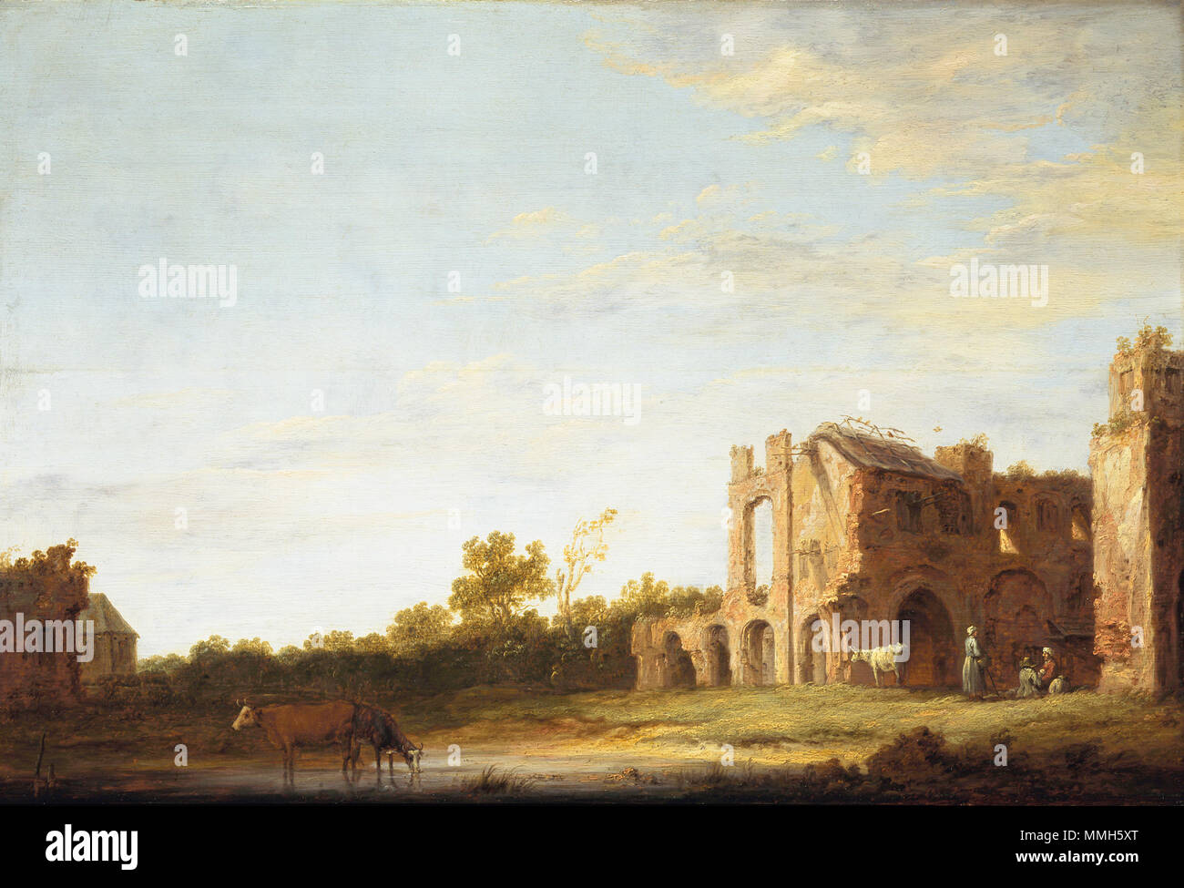 Paesaggio con ruderi di Rijnsburg Abbey, vicino a Leiden. Circa 1640-1642. Aelbert Cuyp - Paesaggio con ruderi di Rijnsburg Abbey Foto Stock