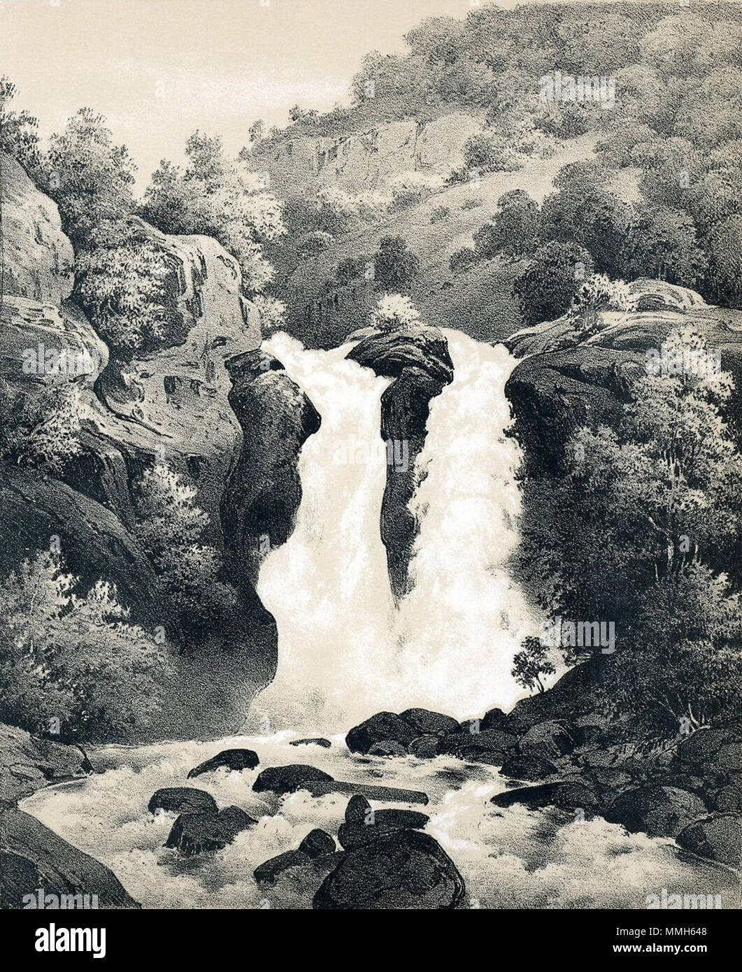 . Immagini dal lavoro 'Norge fremstillet ho billder' 1848 da Chr. Tønsberg. Hundefossen, Sogn, Sogn og Fjordane county, Norvegia. La cascata è ancora non identificate in modo che possa essere conosciuta da un altro nome di oggi. . 1848. Giacobbe Calmeyer (1802-1883) nomi alternativi Jacob Mathias Calmeyer Descrizione pittore norvegese studente di Heinrich August Grosch, studente di Hans Linstow, studente di Giacobbe Munch, studente di Christoffer Wilhelm Eckersberg e studente di Johan Christian Claussen Dahl, Data di nascita e morte 30 Ottobre 1802 3 Agosto 1883 Luogo di nascita e morte Halden Oslo competente contr Foto Stock