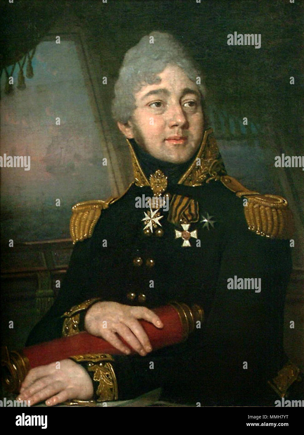 . Портрет капитана-командора и.А. Баратынского Баратынский (Боратынский) Илья Андреевич (1776-1837) . 1800s?. Vladimir Borovikovsky (1757-1825) nomi alternativi Vladimir Luki? Borovikovskij, Vladímir Lukich Borovikovski, Wladimir Lukitsch Borowikowski Descrizione Russian-Ukrainian pittore iconografo e Data di nascita e morte 24 luglio 1757 (nel calendario giuliano) 6 aprile 1825 (nel calendario giuliano) Luogo di nascita e morte Myrhorod, Ucraina San Pietroburgo posizione di lavoro Mosca, San Pietroburgo Autorità controllo : Q262098 VIAF:?ISNI 27882674:?0000 0001 2100 202X ULAN:?500014461 LCCN:?n Foto Stock