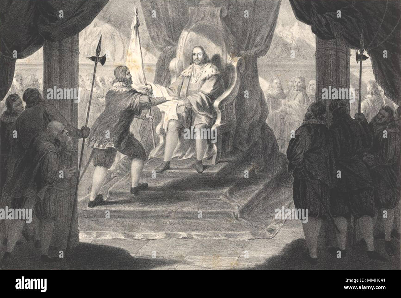 El-Rei D. Manuel comete un Vasco da Gama un empresa do descobrimento da Índia e la entrega un bandeira Foto Stock