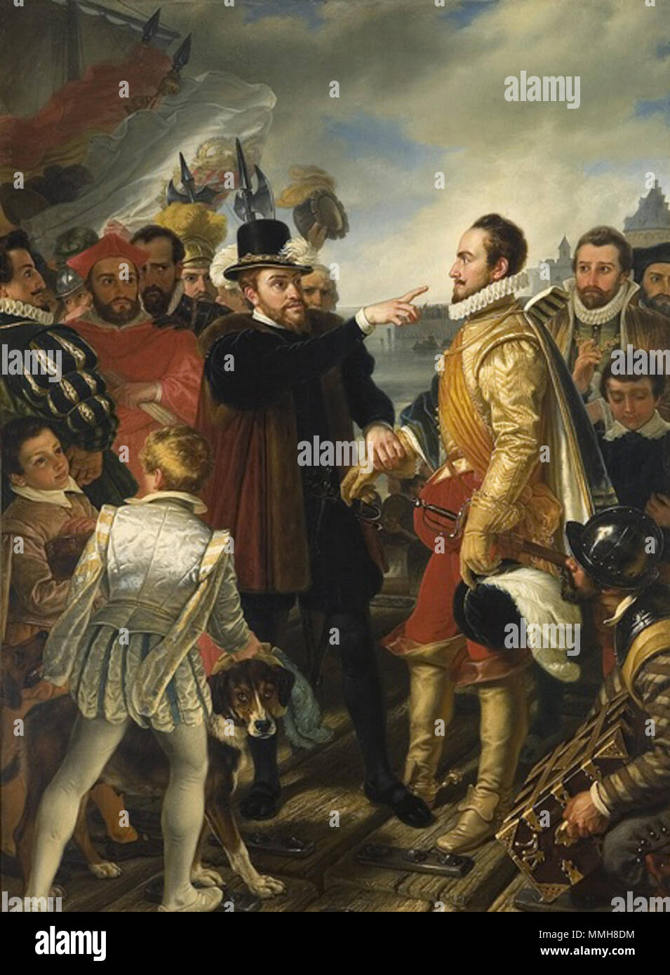. Dopo la sua partenza dai Paesi Bassi nel 1559 Filippo II di Spagna accusa Guglielmo d Orange personalmente per portare la resistenza contro il re per la nobiltà. L atto si svolge su un molo con il re e il suo corteo sulla sinistra e sullo sfondo le vele della sua nave. Il re afferra la mano del principe, mentre puntando il dito verso di lui. Il principe si erge a destra tenendo premuto il suo cappello in mano, accompagnato dal suo corteo. In primo piano un soldato spagnolo è in ginocchio tenendo un box. A sinistra due ragazzi e un cane. Filippo II re di Spagna, rimproveri Guglielmo I, principe di Foto Stock