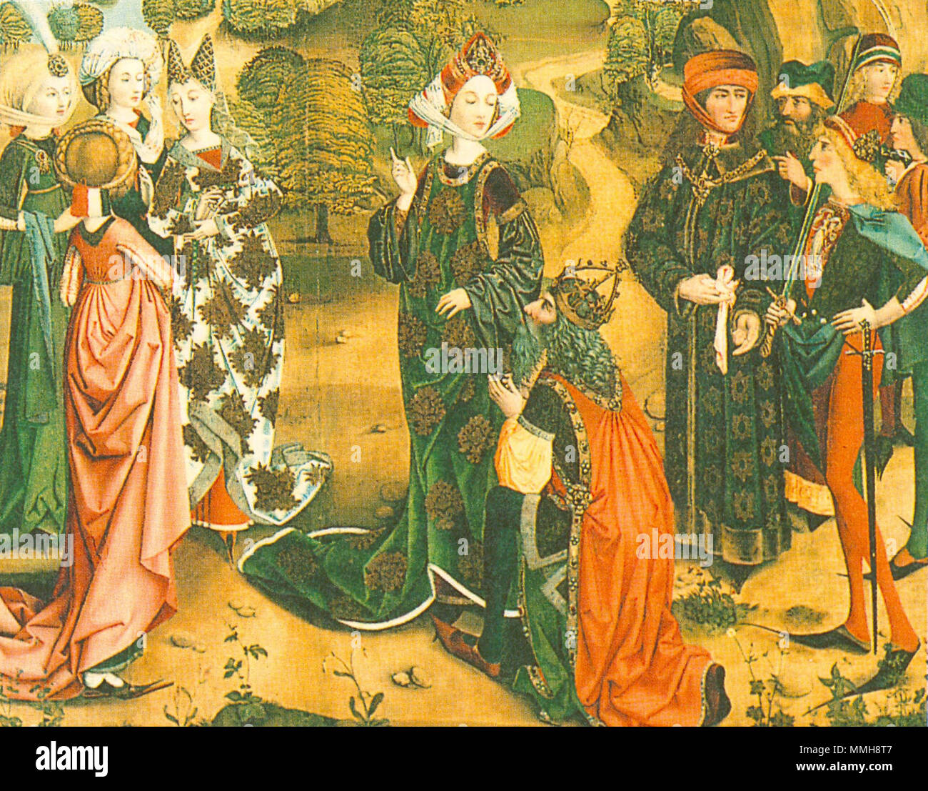 . Damenmode um 1500 adeliger Kleiderluxus: lange Schnabelschuhe, prunkvolle Hauben grosse ornamentreiche Stoffe und hohe Gürtung . Il XVI secolo. Unknown 17 49Damenmode1500 Foto Stock