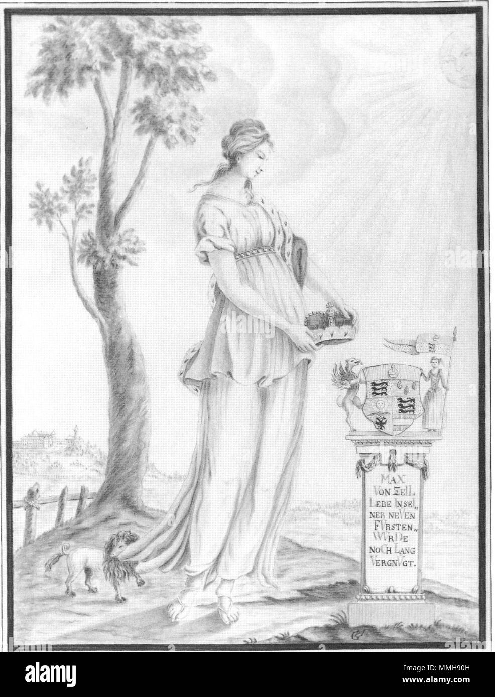. Glückwunsch zur Fürstenwürde für Massimiliano Wunibald von Waldburg-Zeil-Trauchburg (1750 - 1818) Antik gekleidete Frauengestalt (Tugend oder Fortuna?) krönt den Wappenschild mit dem Fürstenhut. Ein kleiner Löwe zerrt wie ein Hündchen un ihrem Gewand Lavierte Federzeichnung Waldburg-Zeil'sches Gesamtarchiv, Schloss Zeil . Chronogram 1803. Signiert GH 26 Adel im Wandel272 Foto Stock