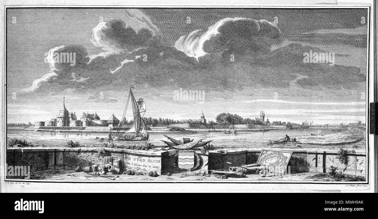 . Nederlands: Dit stadsgezicht van Sluis werd nel 1739 porta gegraveerd Jan Caspar Philips (overleden ca. 1765) naar een tekening van de Amsterdamse tekenaar Abraham de Haan (1707-1748). Inglese: questa vista di Sluis è stato inciso nel 1739 da Jan Caspar Philips (defunto c. 1765) dopo un disegno di Abramo de Haan (1707-1748). DE STAD SLUIS Van t klein - Pas te zien Autore: A. de Haen ad viv.del. 1739 J.C. Philips fecit, 1740 Editore: s.n. Atlas Beudeker-C9E10 062 19A-DE STAD SLUIS Van t klein - Pas te zien Foto Stock