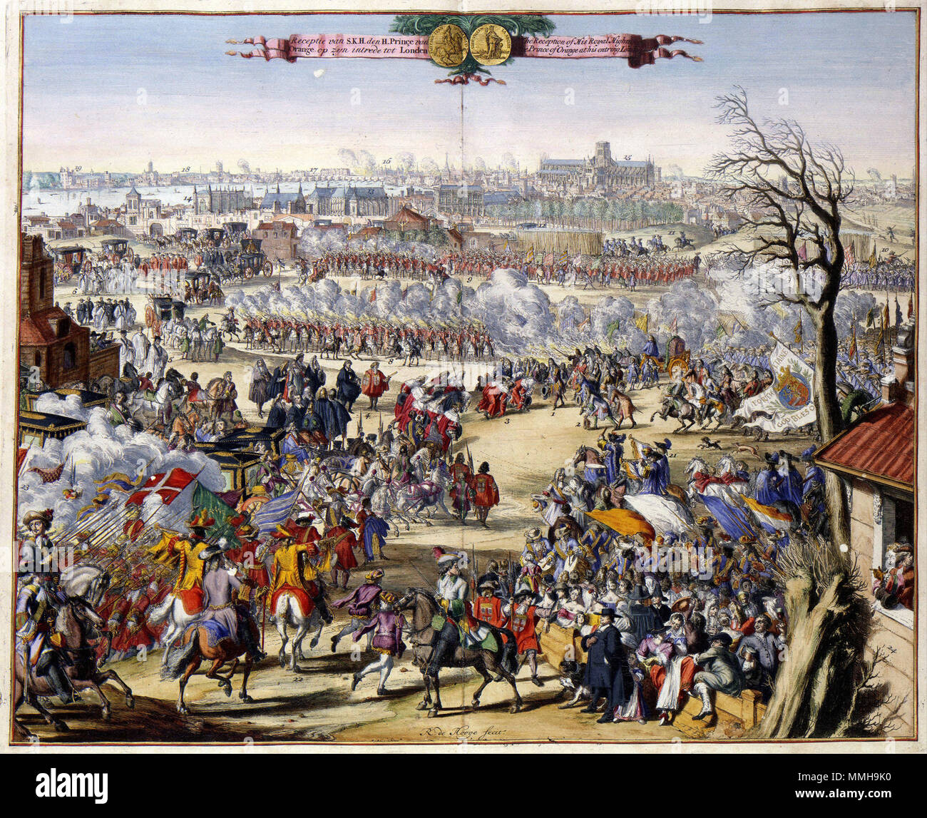 . Nederlands: Na zijn laval in Engeland nel novembre 1688 rukte Willem III met zijn leger op naar Londen, het machteloze leger van Jacobus II Stuart voor zich uit drijvend. Op 29 dicembre 1688 arriveerde Willem voor de stadspoorten van Londen waar hij door het stadsbestuur en de uitgelopen bevolking enthiousiast werd ontvangen. De Haarlemse graveur Romeyn de Hooghe (1645-1708) die zich in het gevolg van Willem III bevond, legde de ontvangst op plaat vasto. Inglese: dopo il suo attacco in Inghilterra nel novembre 1688 William III condusse il suo esercito a Londra, costringendo l'esercito impotente di Giacobbe II in anticipo. Sarà Foto Stock