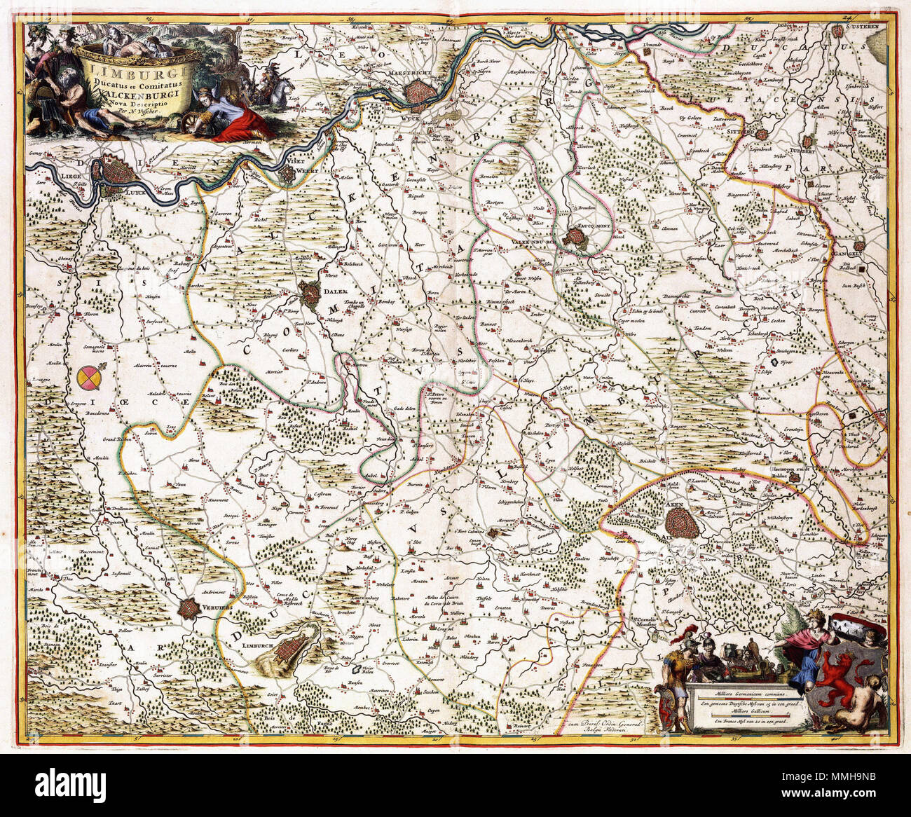 . Nederlands: Deze kaart van het hertogdom Limburg werd vermoedelijk porta uitgegeven Nicolaes Visscher I (1618-1679). Als bron voor deze kaart gebruikte Visscher een wandkaart een wandkaart van het hertogdom Brabant van Claes Jansz. Visscher (1587-1652) uit 1656. Op deze kaart komt het gehele gebied van de tegenwoordige provincie Limburg voor. Inglese: Questa mappa del Ducato di Limburgo era probabile pubblicato da Nicolaes Visscher I (1618-1679). Visscher utilizzata una parete mappa del ducato di Brabante di Claes Jansz. Visscher (1587-1652) dal 1656 come una fonte per questa mappa. Questa mappa raffigurano la completa terr Foto Stock