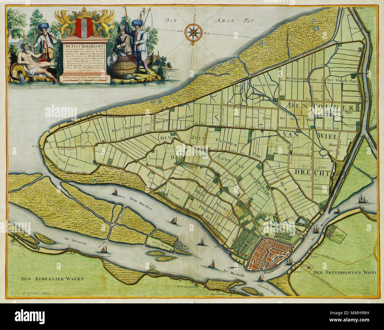 . Nederlands: Deze kaart van Dordrecht en de omliggende polders langs de Merwede en de Biesbosch werd gepubliceerd door de Dortse landmeter en boekdrukker Mattheus van Nispen (1629-1717). Inglese: Questa mappa di Dordrecht e dintorni polders lungo il fiume Merwede e il Biesbosch è stato pubblicato da il geometra e la stampante da Dordrecht Mattheus van Nispen (1629-1717). DE STAT DORDRECHT met de Aenpalende Landen als fuori Dubbeldam, Den Zuyt en Noort- polder, Den Alloysen di Boven pol- der, Den Polder van Wieldrecht. 1673. Autore: B. Stopendaal: Schul. Editore: nieuwlycx uytgegeven doo Foto Stock