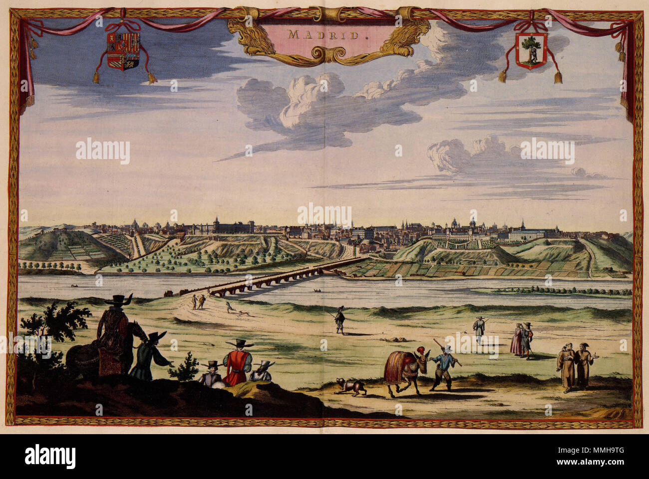 . Nederlands: Hoewel het vrijwel zeker è dat dit stadspanorama van Madrid in Amsterdam werd gedrukt, is niet bekend wie deze prent heeft vervaardigd. Omdat het niet panorama voorkomt in een Nederlandse atlas, het gaat hier waarschijnlijk om een boekillustratie. Inglese: sebbene questo panorama di Madrid era quasi certamente pubblicata ad Amsterdam il suo autore è sconosciuto. Poiché la mappa non viene visualizzata in qualsiasi lingua olandese Atlas si può assumere che il panorama era inteso come una illustrazione per un libro. Aangezicht op] MADRID. Nederlands: vierde kwart 17de eeuw inglese: quarta parte del XVII secolo . Editore: Onbeke Foto Stock