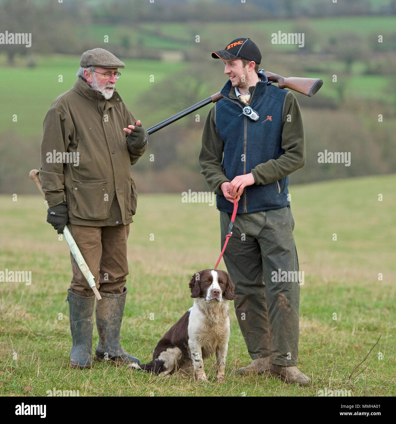 Due cacciatori di fagiano e loro spaniel Foto Stock