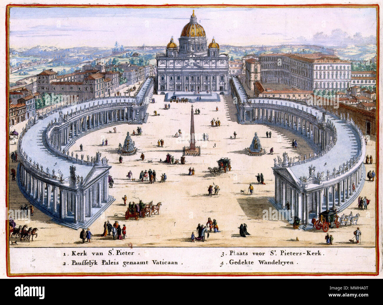 . Nederlands: De graveur Willem Swidde (ca. 1660-1697) verzorgde voor de uitgever Nicolaes Visscher II (1649-1702) een serie stadsgezichten van de stad Roma. Op deze prent è het pauselijke Paleis het Vaticaan, afgebeeld. Overigens werd dit paleis alleen bewoond tijdens grote feesten. De eigenlijke residentie van de pausen era Paleis het bij de kerk van de Lateranen. Inglese: la città di Roma fu nel XVII secolo un posto popolare per i viaggiatori, artisti e scienziati. Per tutti coloro che mancavano i soldi per visitare Roma, Nicolaes Visscher II (1649-1702) ha fornito una serie di stampe con il mo Foto Stock