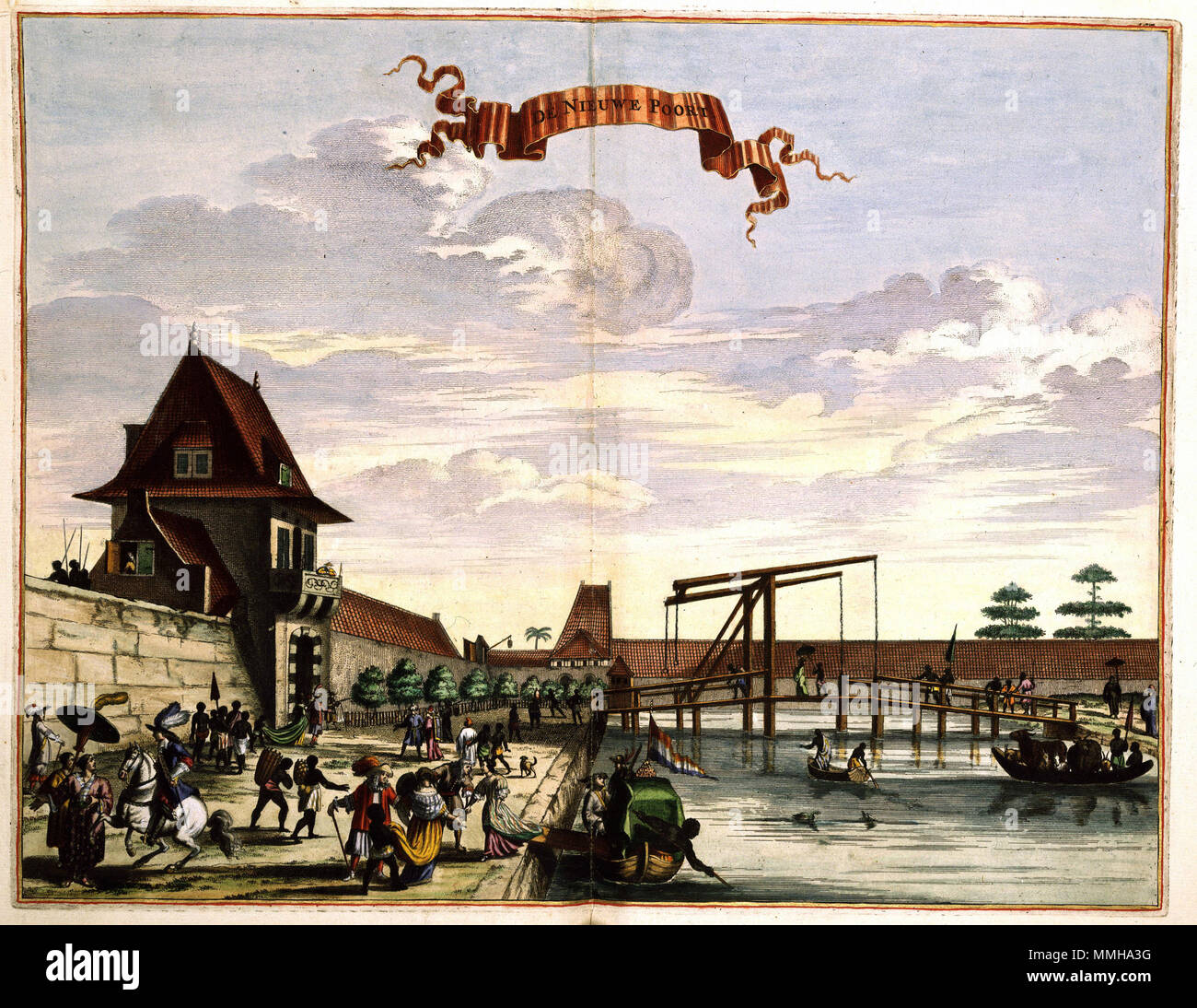 . Nederlands: Dit stadsgezicht op een van de stadspoorten van Batavia behoort bij het rijk geillustreerde reisverslag van de Amsterdamse wereldreiziger Johan Nieuhof. Nieuhoff vergezelde van 1655 tot 1658 een delegatie van de Verenigde Oost-Indische Compagnie naar de Keizer van Cina. Na zijn terugkomst liet hij zijn belevenissen publiceren. Het boek was een van de grote bestseller van zijn tijd. Inglese: questa vista su uno dei cancelli di Batavia era incluso nel riccamente illustrato diario di viaggio di Johan Nieuhof, un worldtraveller da Amsterdam. Nieuhoff accompagnato dal 1655 al 1658 una de Foto Stock