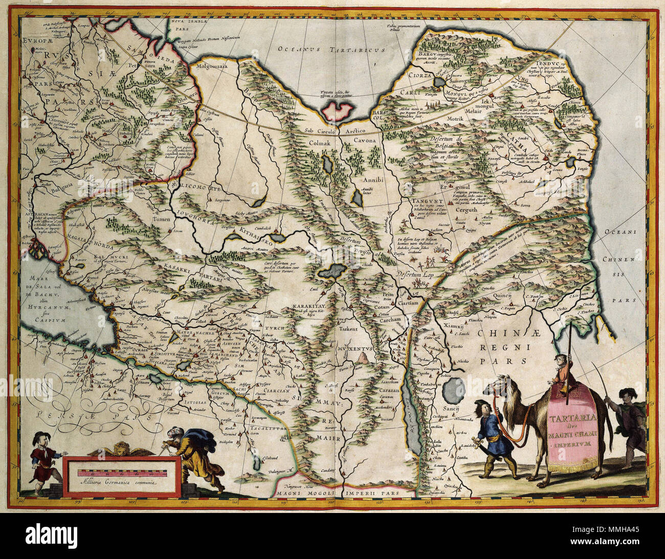 . Nederlands: Deze kaart van Centraal-Azië werd nel 1630 porta gepubliceerd Willem Jansz. Blaeu (1571-1638). Enorme dit gebied werd oorspronkelijk beheerst porta ruitervolken verschillende, de Tataren. Deze volken gingen, nadat ze di 1202 porta Djengis-Chan waren verslagen op in het Mongoolse rijk. De naam Tatarije bleef echter su bestaan en werd vaak gebruikt als synoniem voor de Mongolen. Inglese: Questa mappa di Asia centrale è stato pubblicato nel 1630 da Willem Jansz. Blaeu (1571-1638). L enorme area era originariamente abitato da diverse persone che montarono a cavallo, Tartari. Dopo che essi sono stati sconfitta Foto Stock